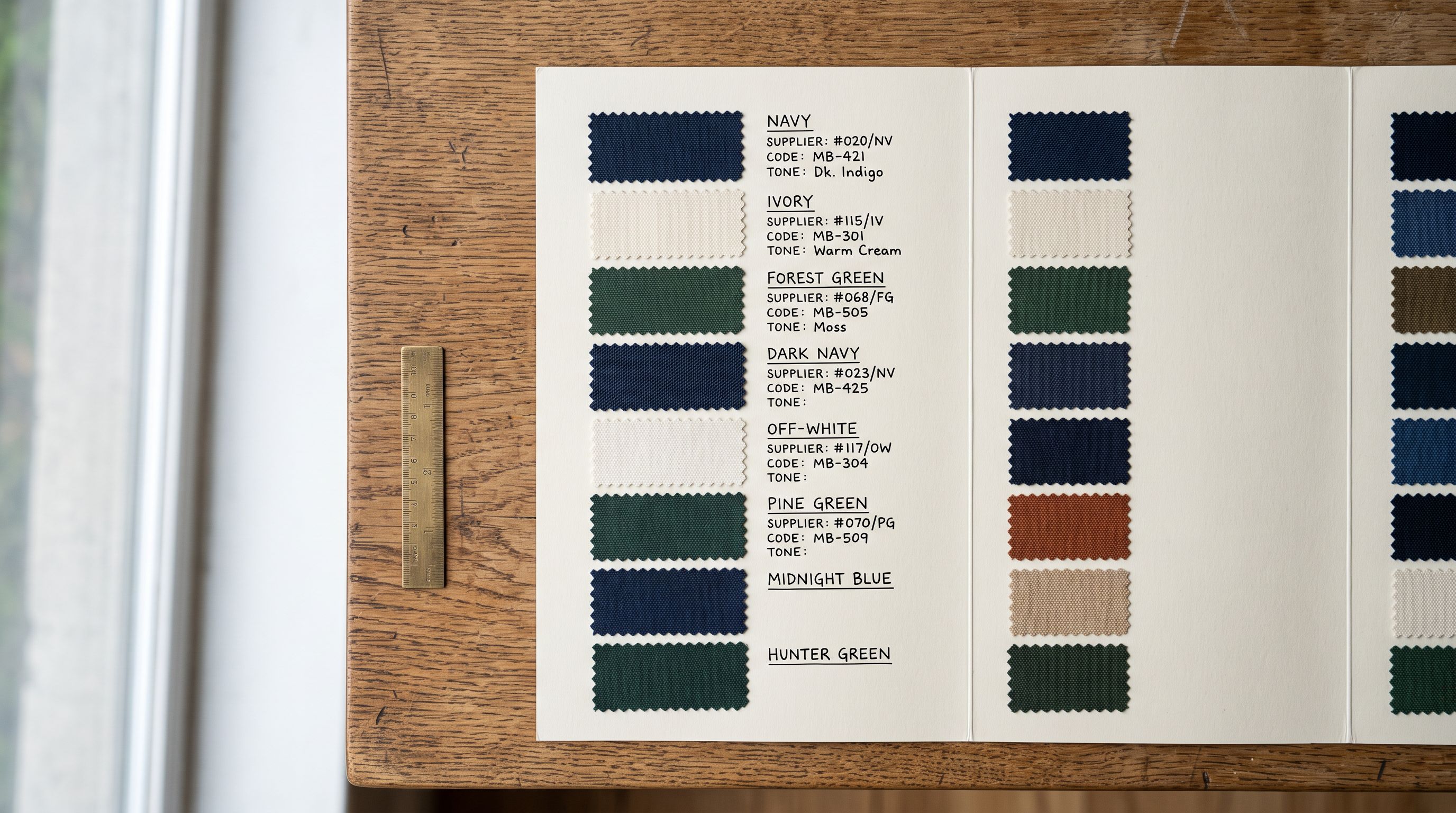 Close-up of a printed colour swatch reference card arranged in rows showing fabric swatches for navy, ivory, and forest green with handwritten canonical colour names and a list of mapped supplier colour terms written alongside each swatch.