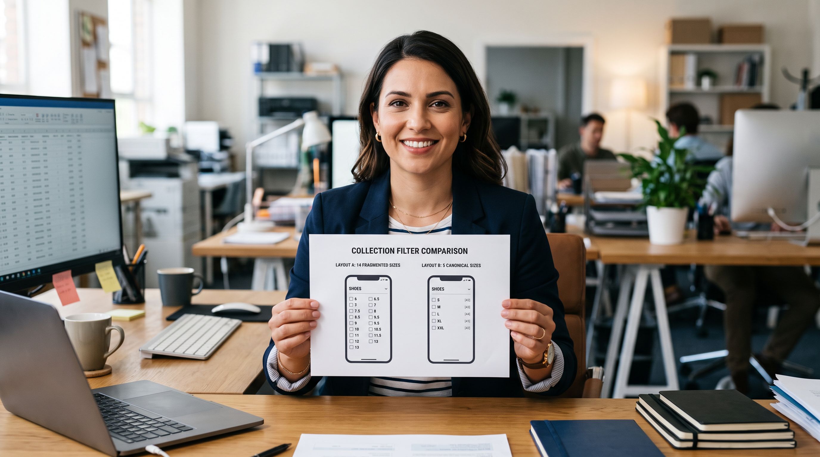 E-commerce store manager reviewing two smartphone screens side by side showing a cluttered collection size filter with fourteen values on one screen and a clean filter showing five canonical size values on the other screen, held up for comparison.