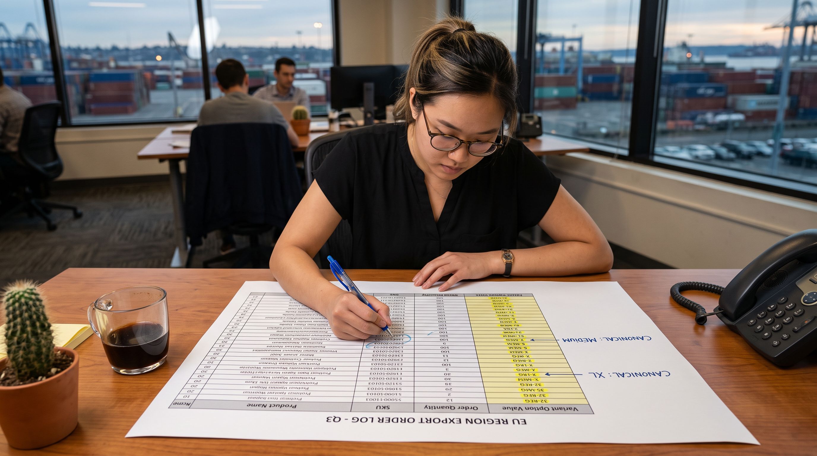 Wholesale operations analyst at a desk reviewing a printed export spreadsheet showing current variant option values with non-canonical size codes circled in red and the corresponding canonical replacements written in the margin beside each row.