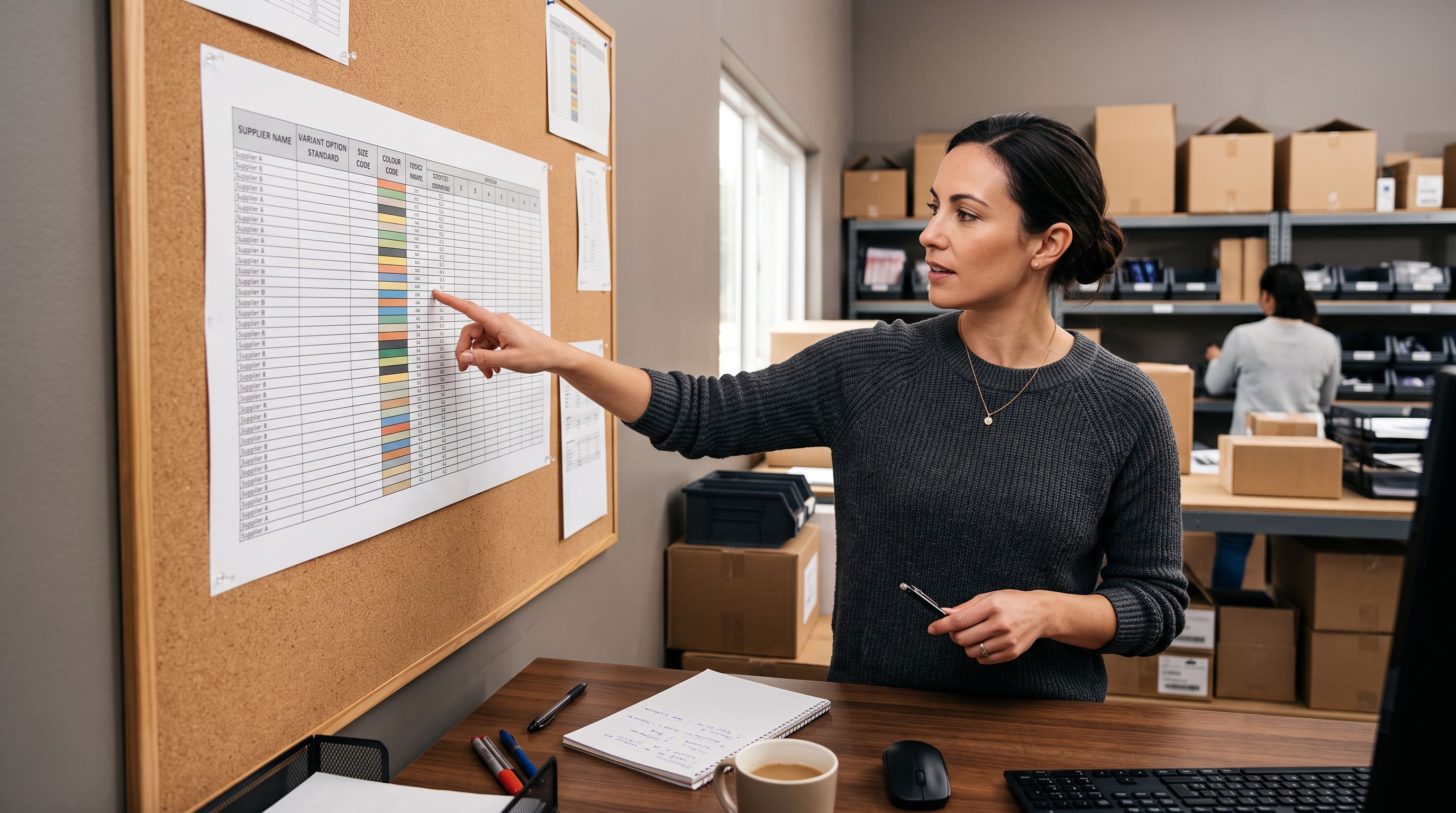 E-commerce operations manager at a workstation reviewing a printed variant option naming standards reference chart showing supplier size codes mapped to canonical size labels in a structured table
