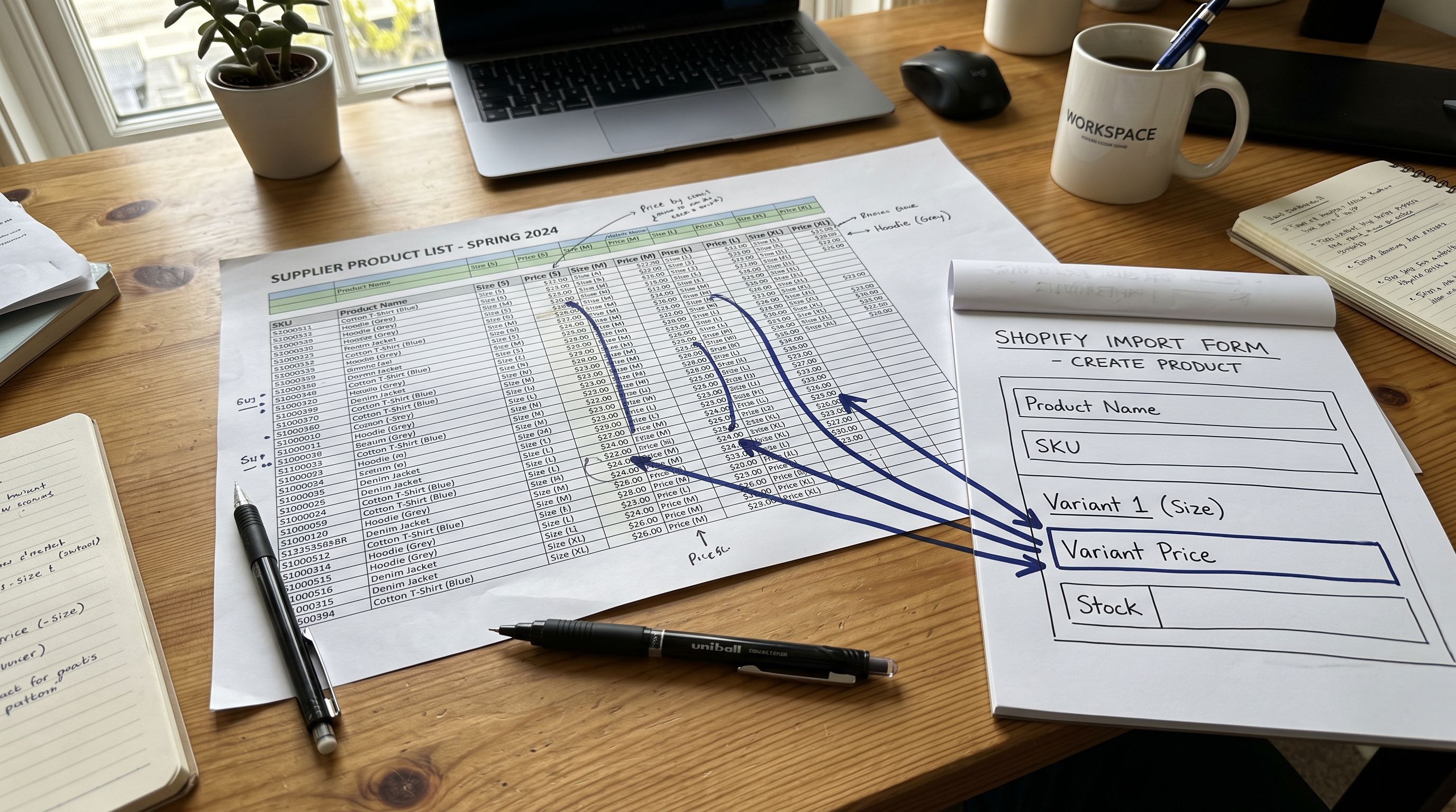 Supplier spreadsheet printout spread across a desk showing multiple price columns labelled by size with hand-drawn arrows connecting to an import form diagram