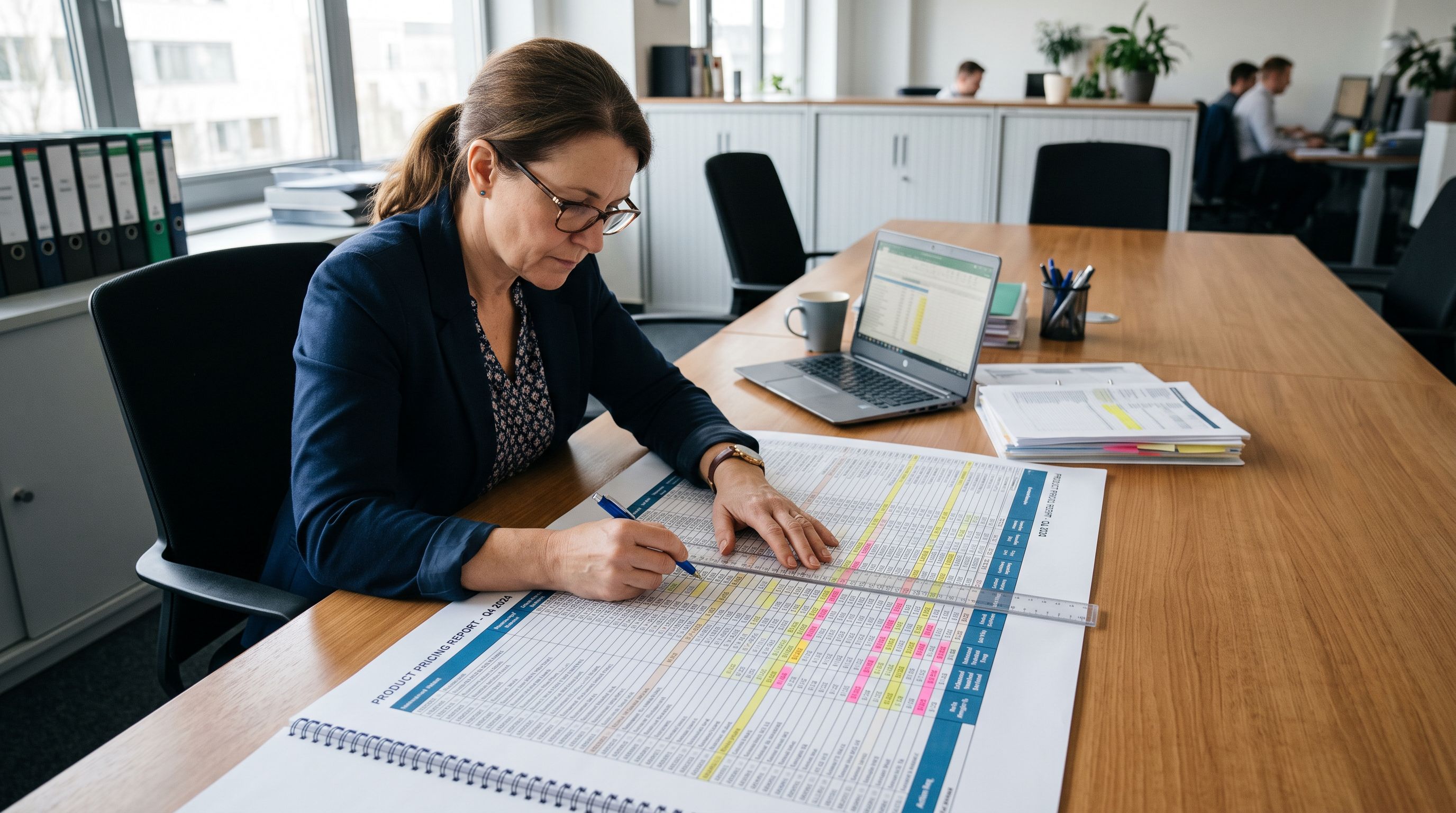 Accountant reviewing a printed product pricing report with a ruler tracking across rows on a multi-column price comparison table with highlighted anomalies