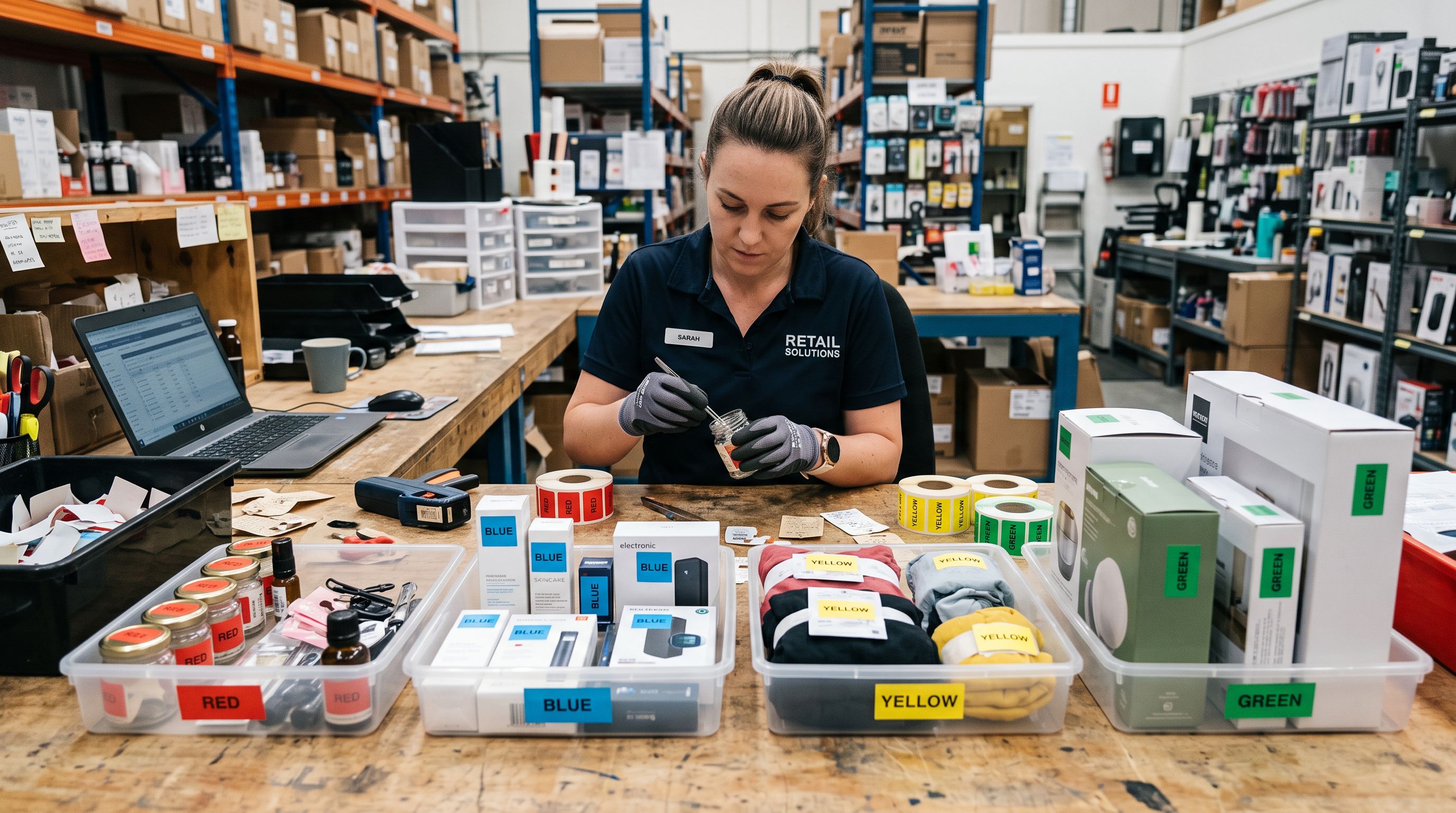Worker at a retail stockroom workbench replacing individual price stickers on tagged product samples arranged in four size groups with different colour-coded price labels