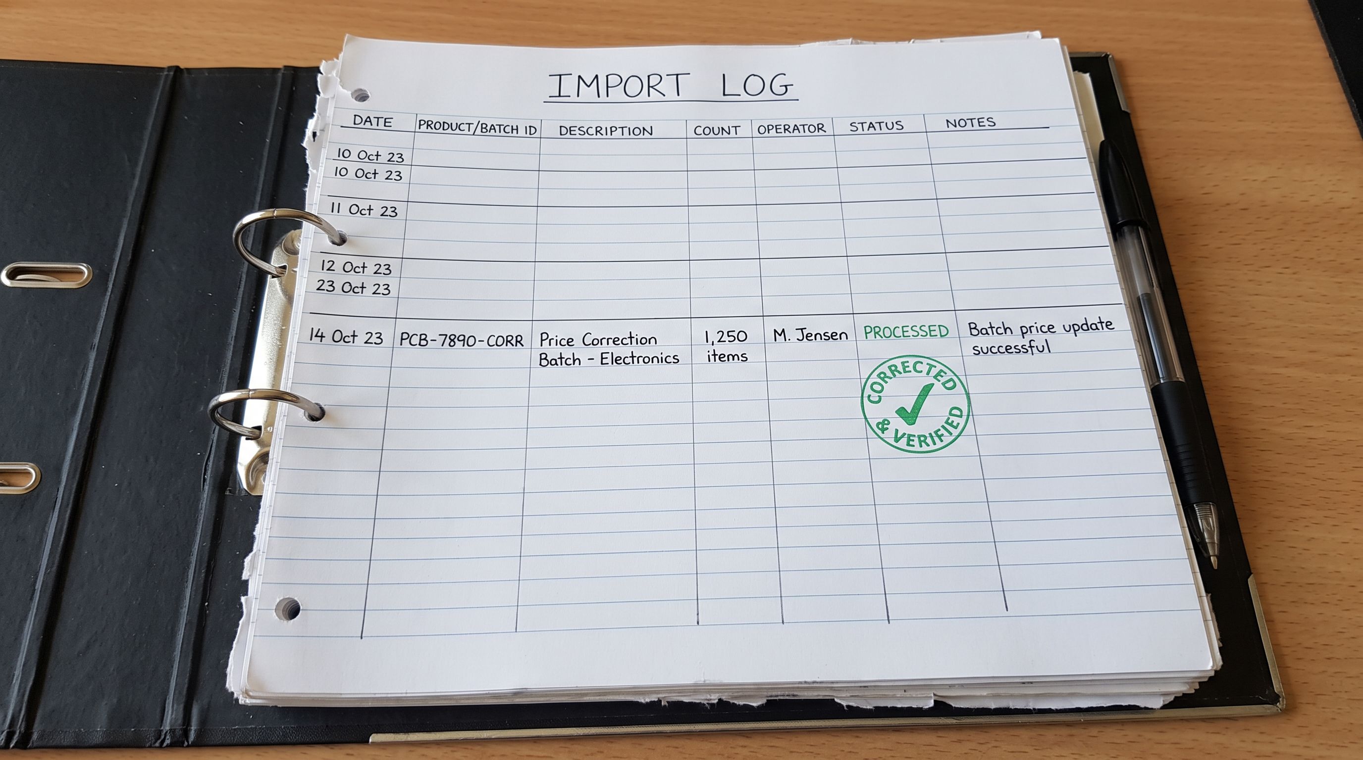 Open ring binder showing a dated import log entry with product count and operator name beside a green tick stamp indicating a successful price correction batch