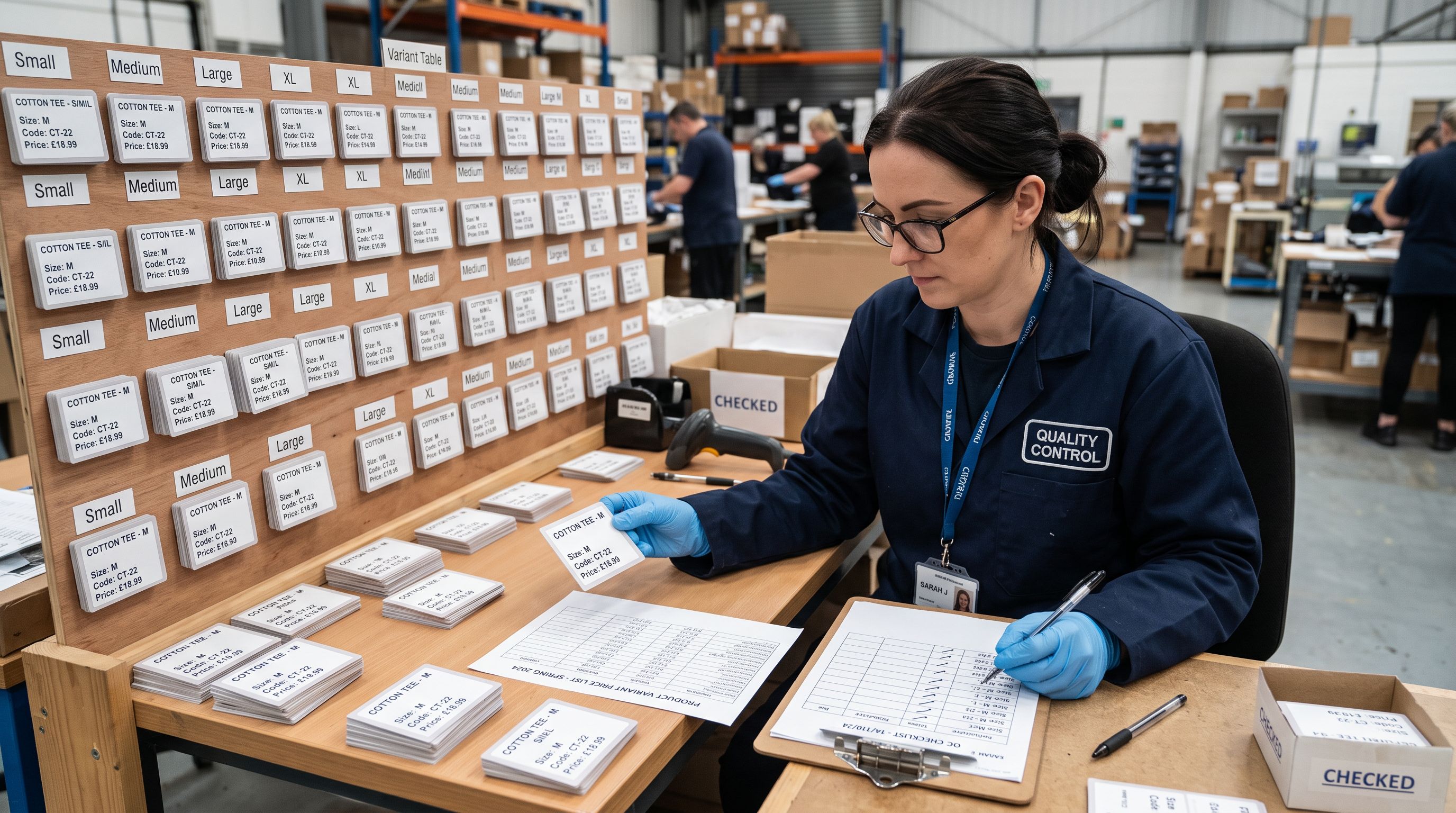 Quality control inspector checking product variant cards from a display board and marking a clipboard with ticks while comparing each size card against a reference price sheet