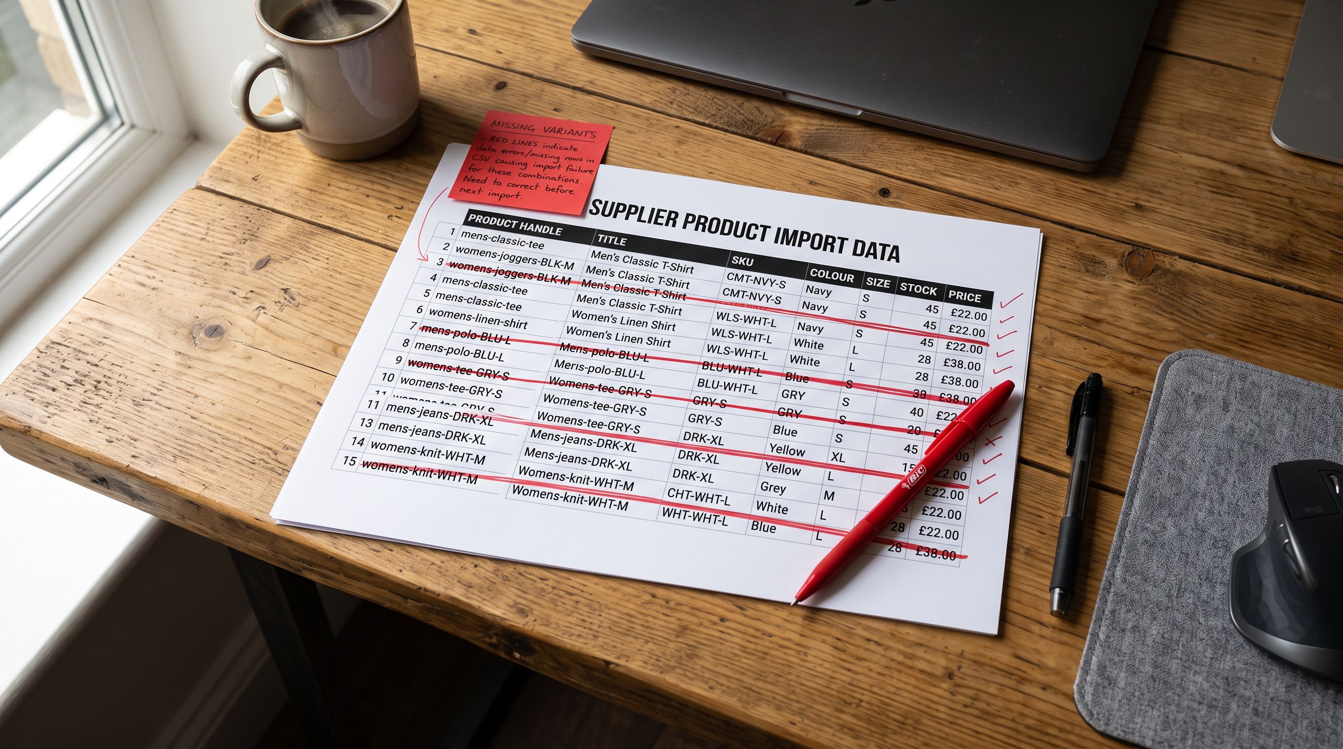 A printed supplier CSV showing variant rows with several crossed out in red, indicating missing product variant combinations.