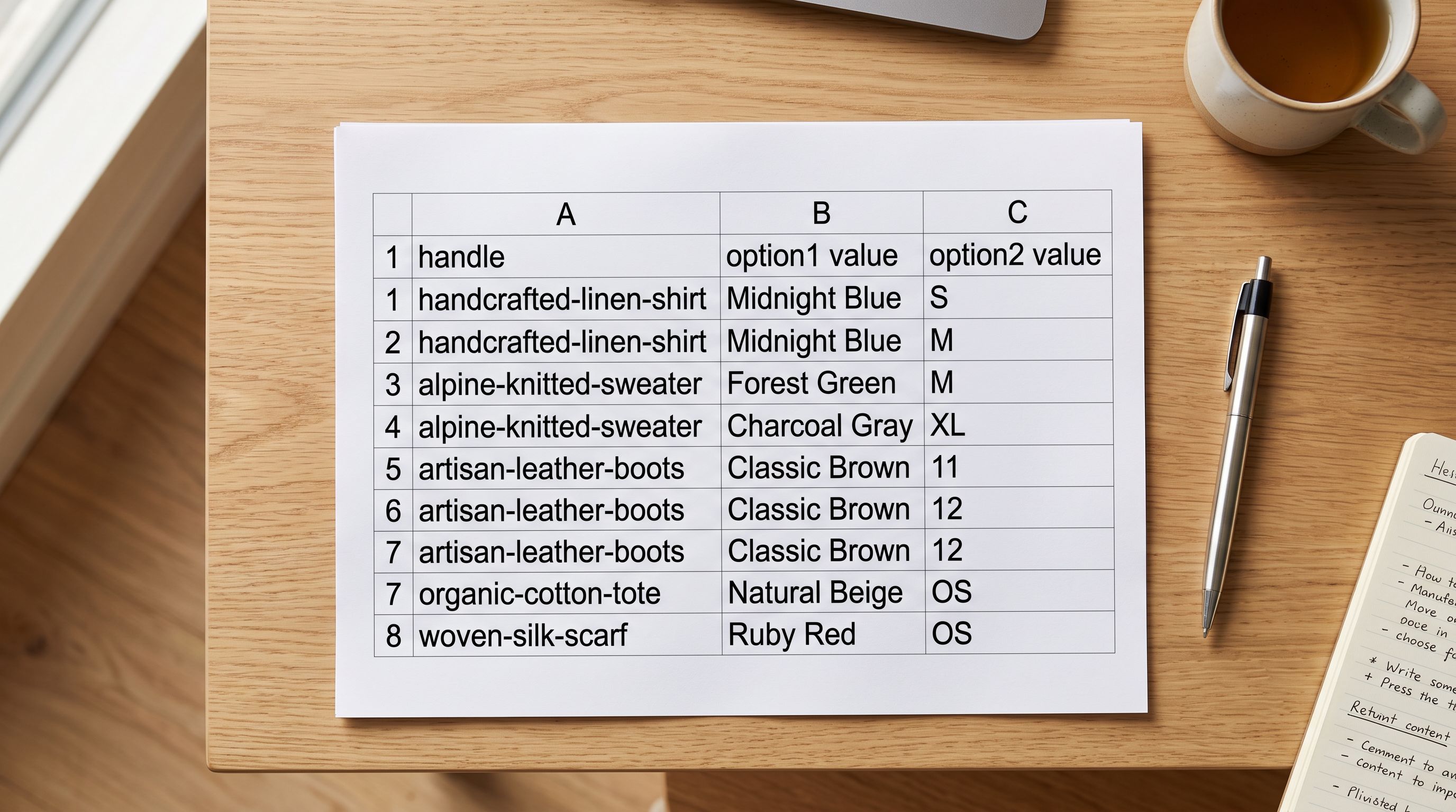 A printed partial import CSV containing only missing variant rows for targeted re-import into Shopify.