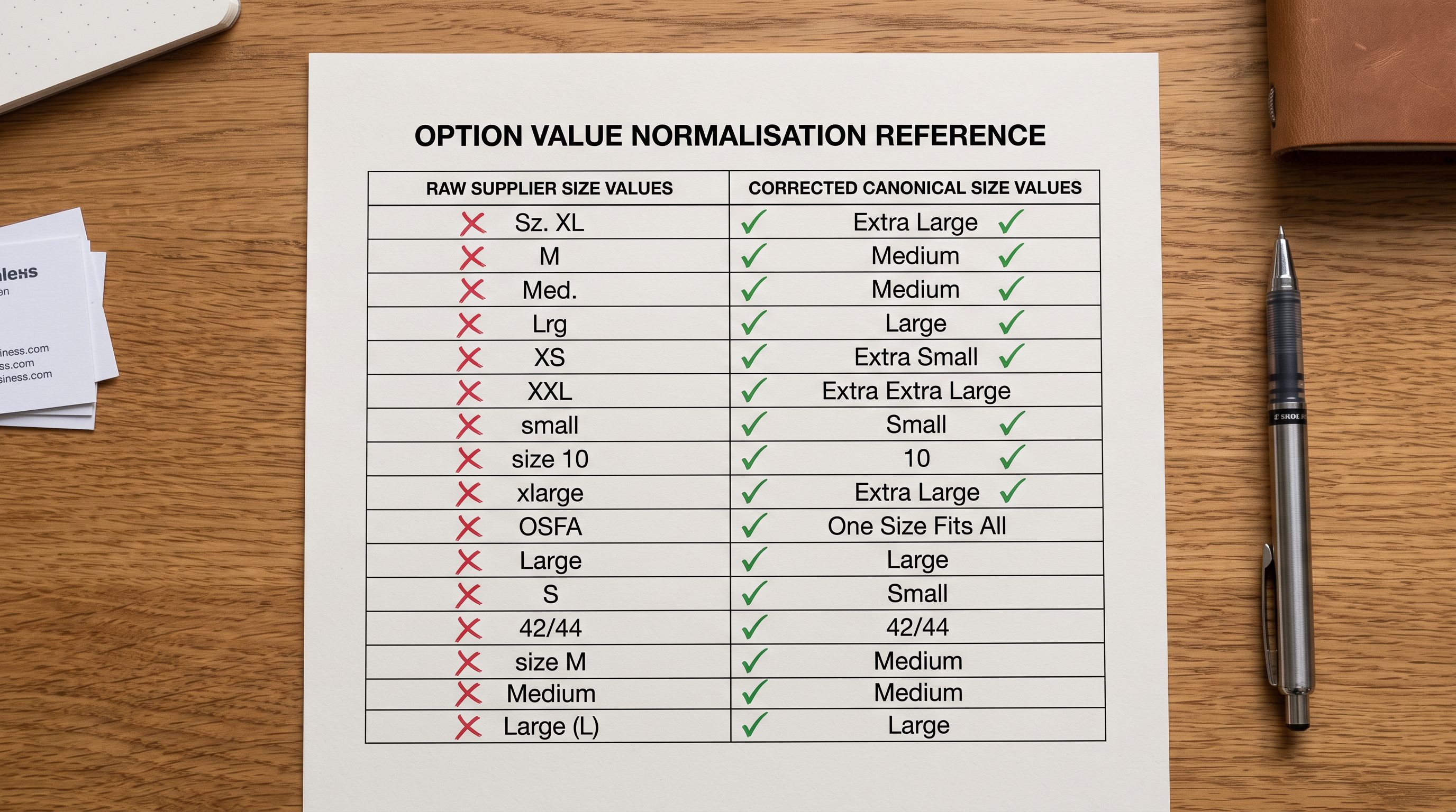 An option value normalisation sheet showing raw supplier size strings with red crosses beside corrected canonical values with green ticks.