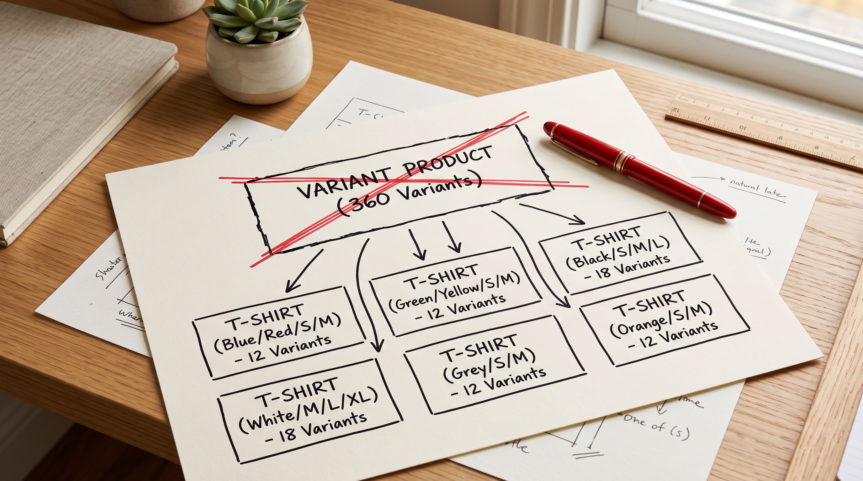 A product structure diagram showing a large variant count crossed out and replaced by six smaller boxes with lower counts.