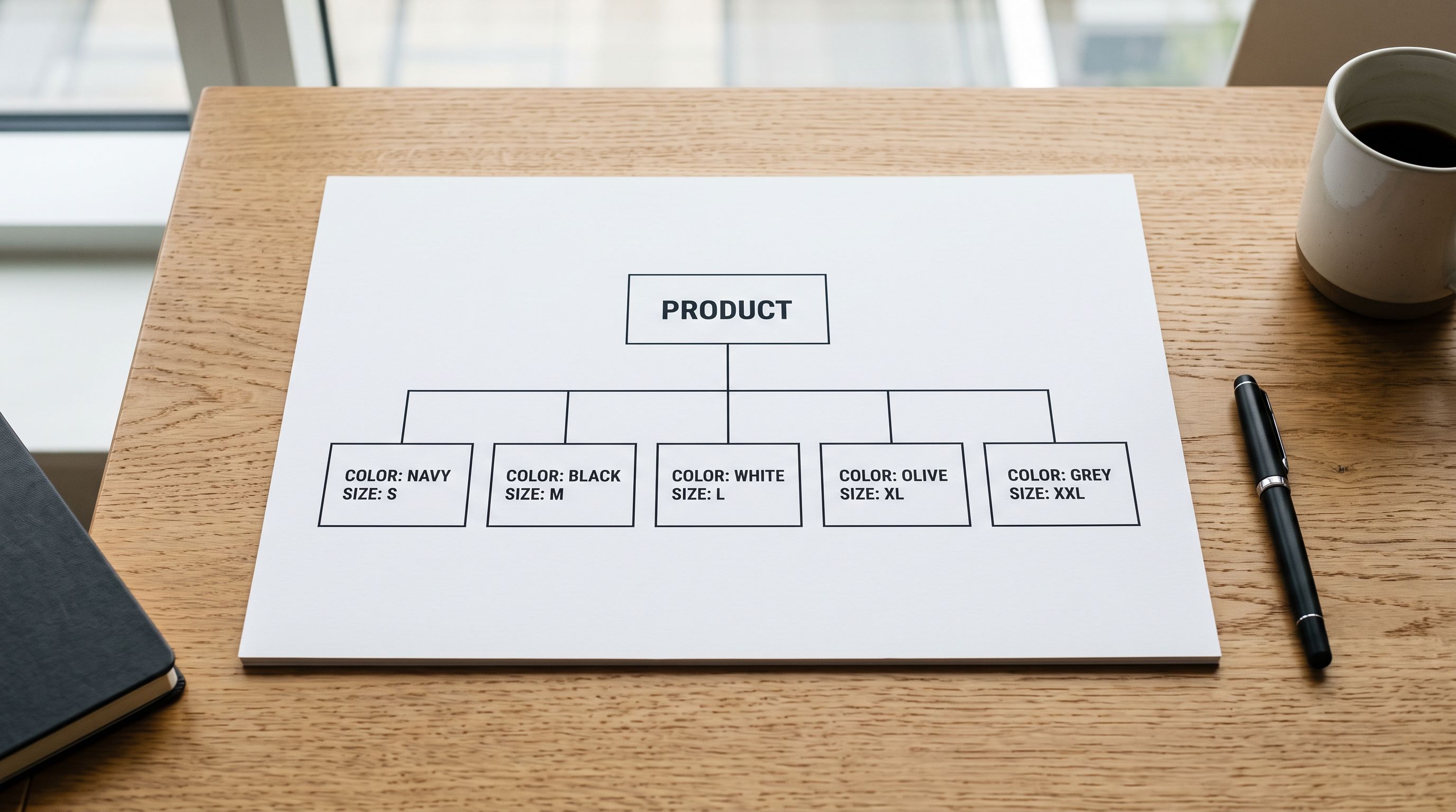 A printed product structure diagram showing one parent product box branching into five variant combination boxes below it.
