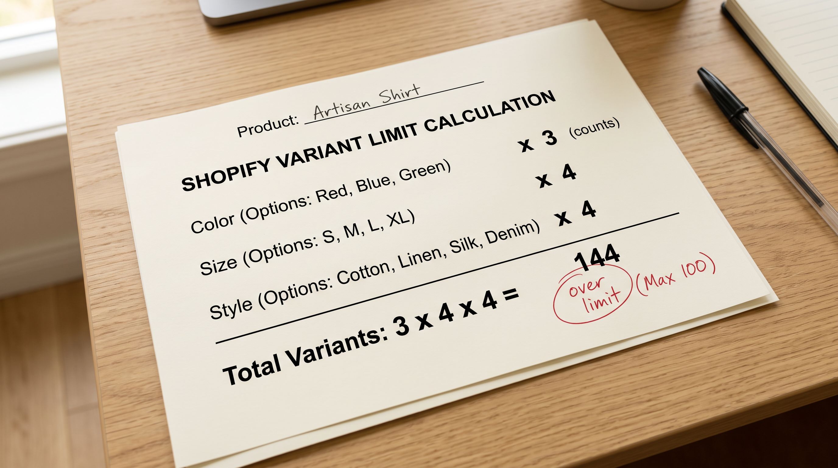 A printed calculation worksheet showing option type counts multiplied together with a result of 144 marked as exceeding the Shopify 100-variant limit.