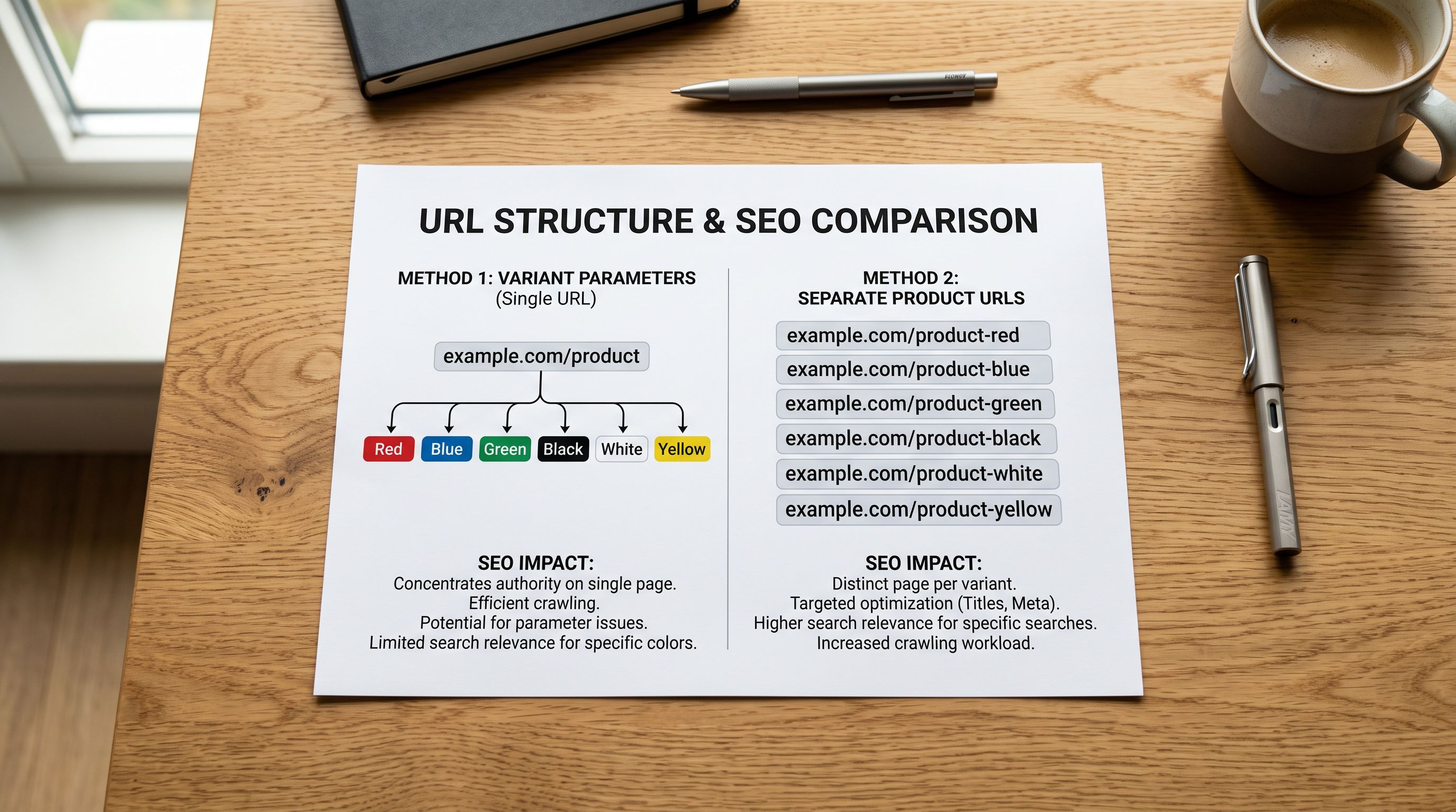 A printed URL structure comparison showing one URL branching to colour options versus six separate URLs listed independently.
