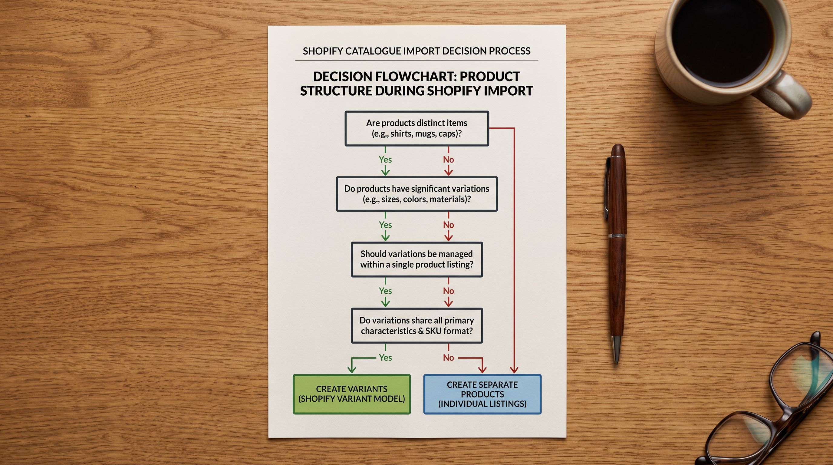 A printed decision flowchart with four question boxes connected by yes and no arrows leading to variant or separate products outcomes.
