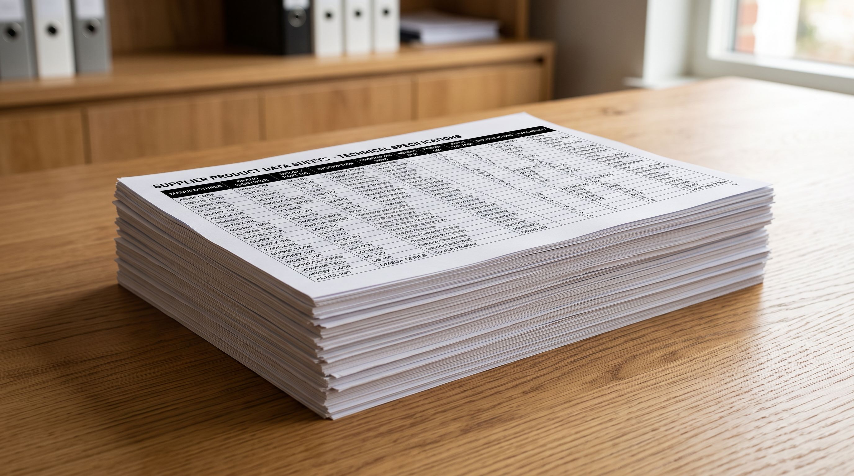 Stack of printed product data sheets from a supplier showing columns with manufacturer names and brand identifiers alongside product specifications