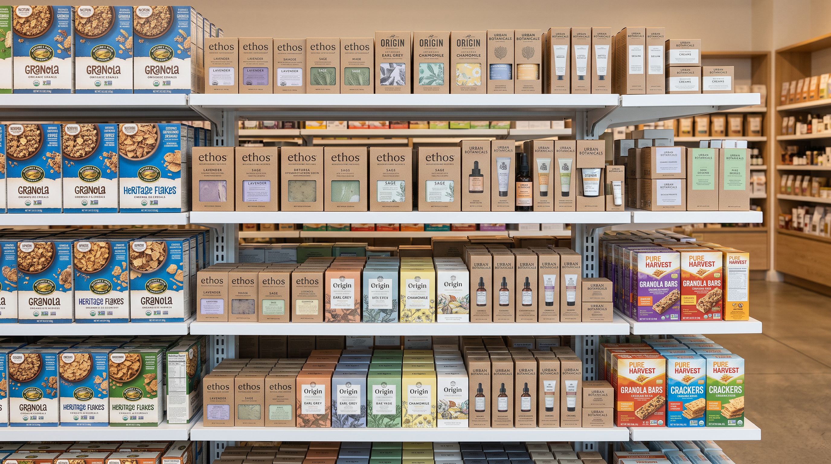 Rows of branded product boxes organised in groups on white retail shelving with visible brand labels showing correct product attribution across a catalogue