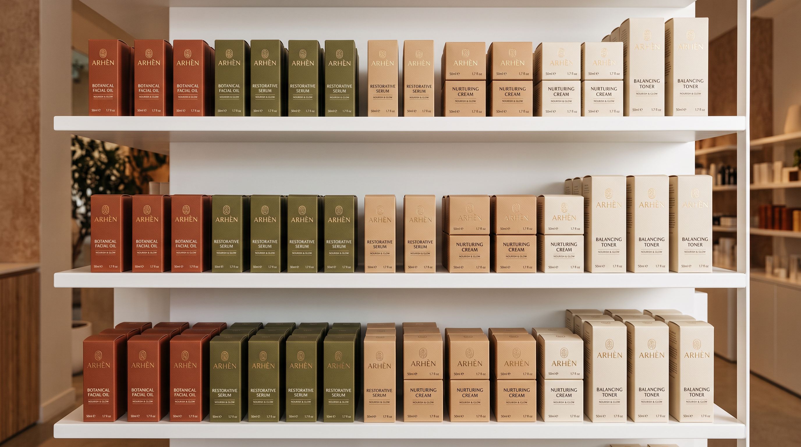 Organised rows of product packaging in matching brand colours on white shelving with brand logos visible representing correct vendor attribution in a retail catalogue