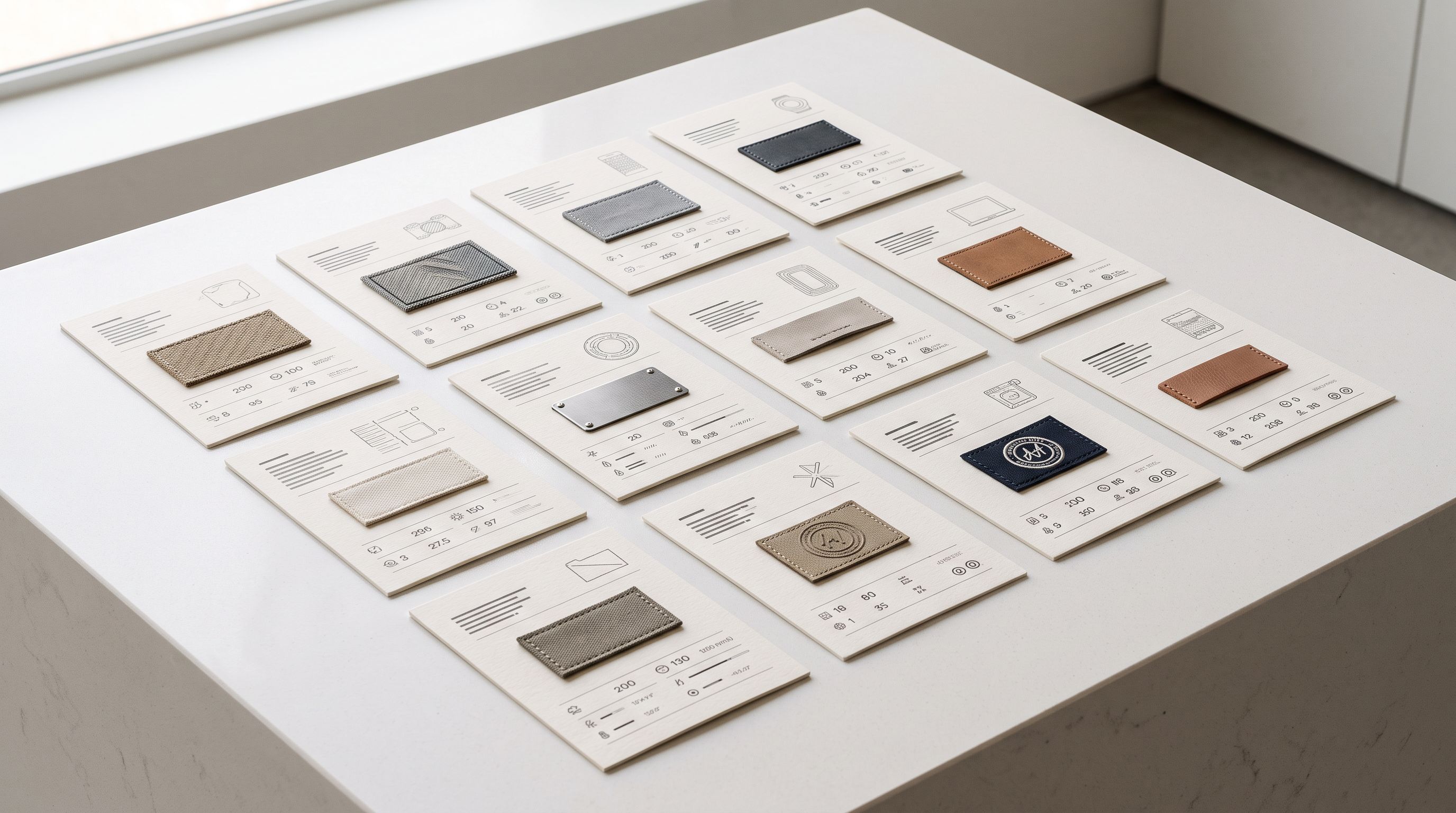 Product cards arranged on a white display surface showing manufacturer brand labels affixed to the front of each card representing brand attribution in a product feed