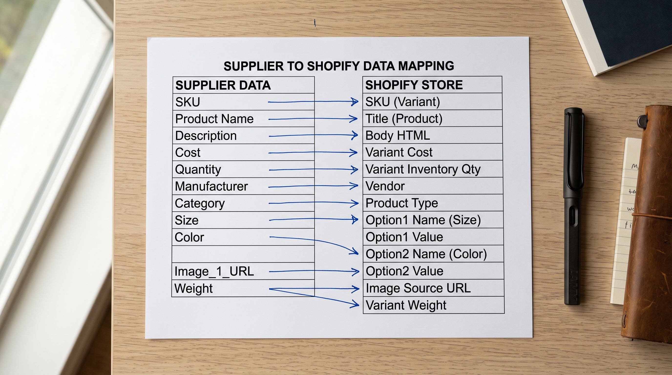 Import column mapping worksheet showing a supplier Manufacturer column with an arrow indicating the mapping connection to a Shopify Vendor field