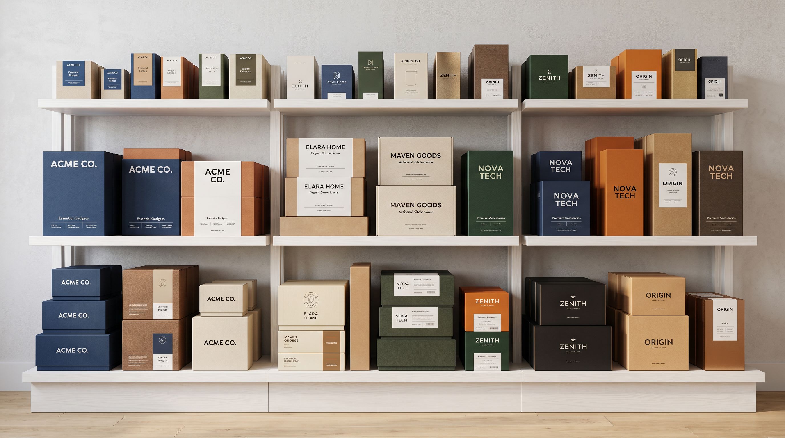 Branded product boxes arranged on white retail shelving with visible manufacturer labels representing the importance of brand attribution in product catalogues