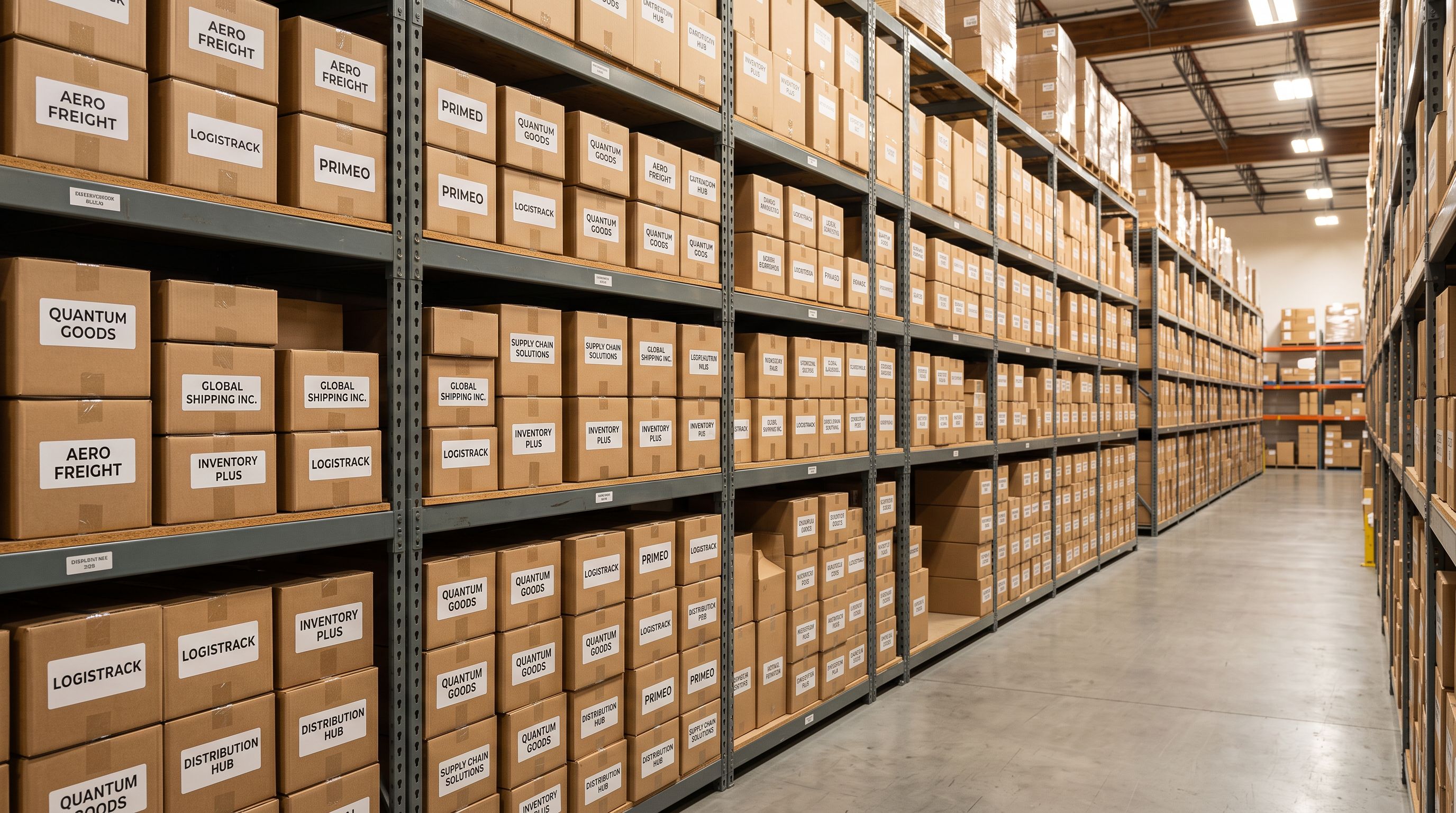 Stacked cardboard shipping boxes on industrial warehouse shelving with brand label stickers in a logistics facility
