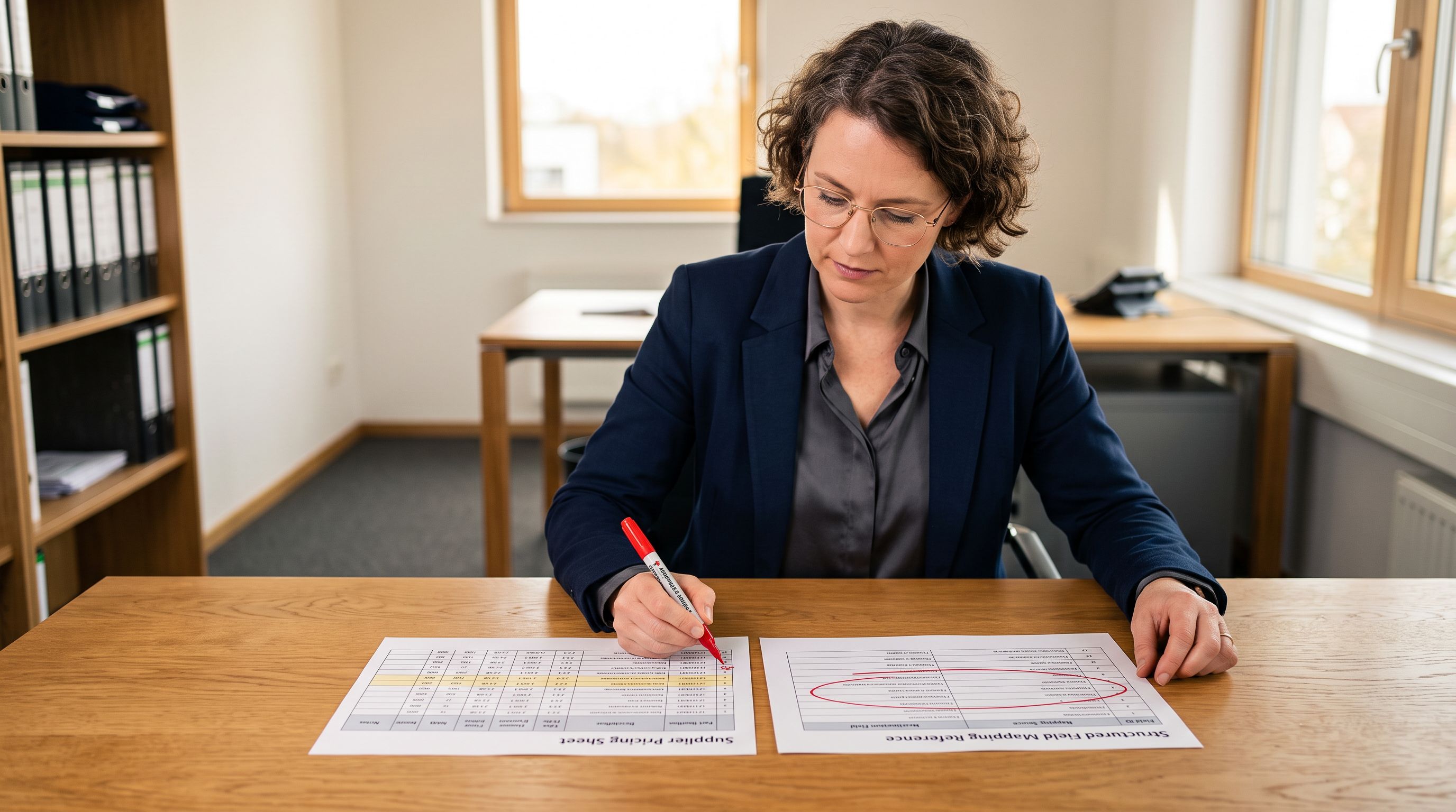B2B pricing analyst at a desk reviewing two printed documents side by side, one showing a supplier pricing sheet with nine columns and one showing a Shopify field mapping reference document with three columns highlighted as direct matches and the remaining columns annotated with metafield destinations.