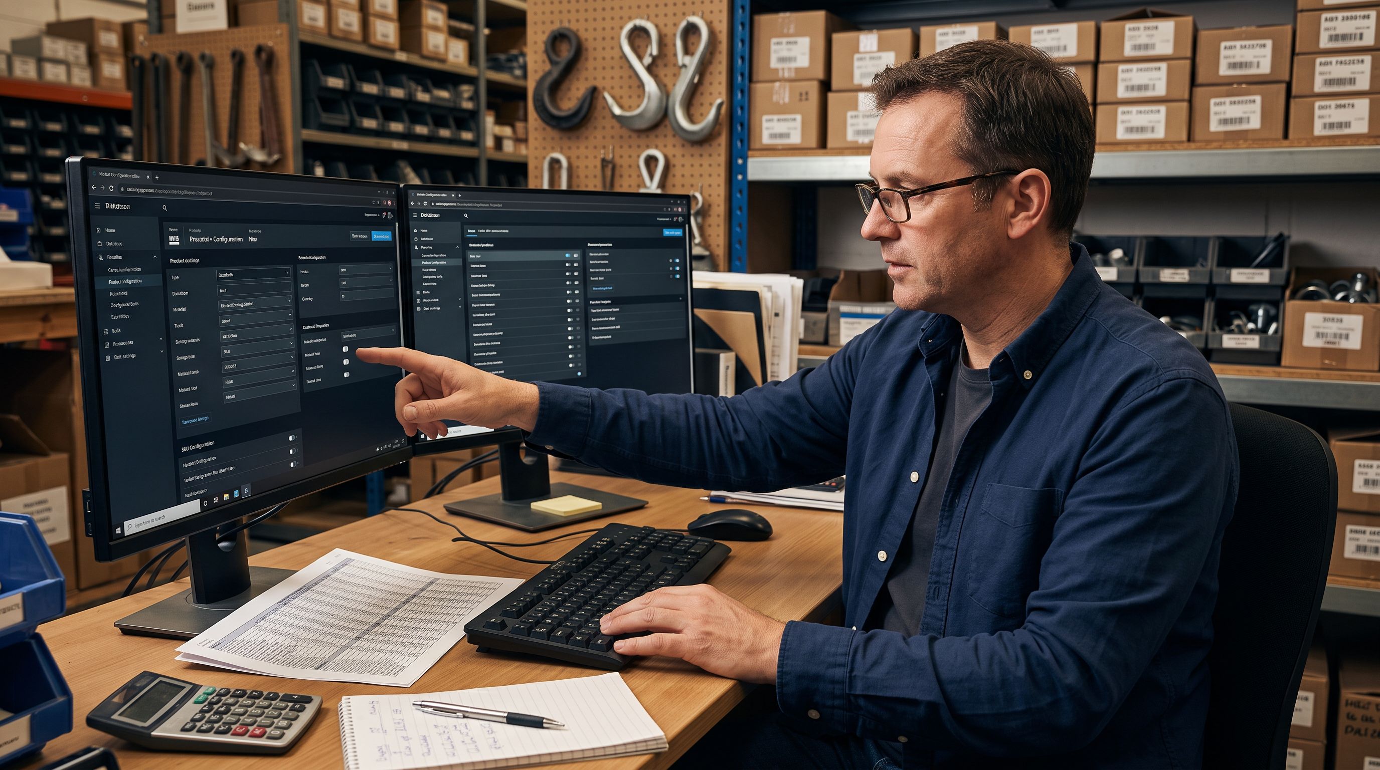 Industrial hardware merchant at a workstation reviewing the Importier import wizard column mapping screen on a monitor, with a printed supplier pricing sheet beside the keyboard showing which columns correspond to which Shopify fields.