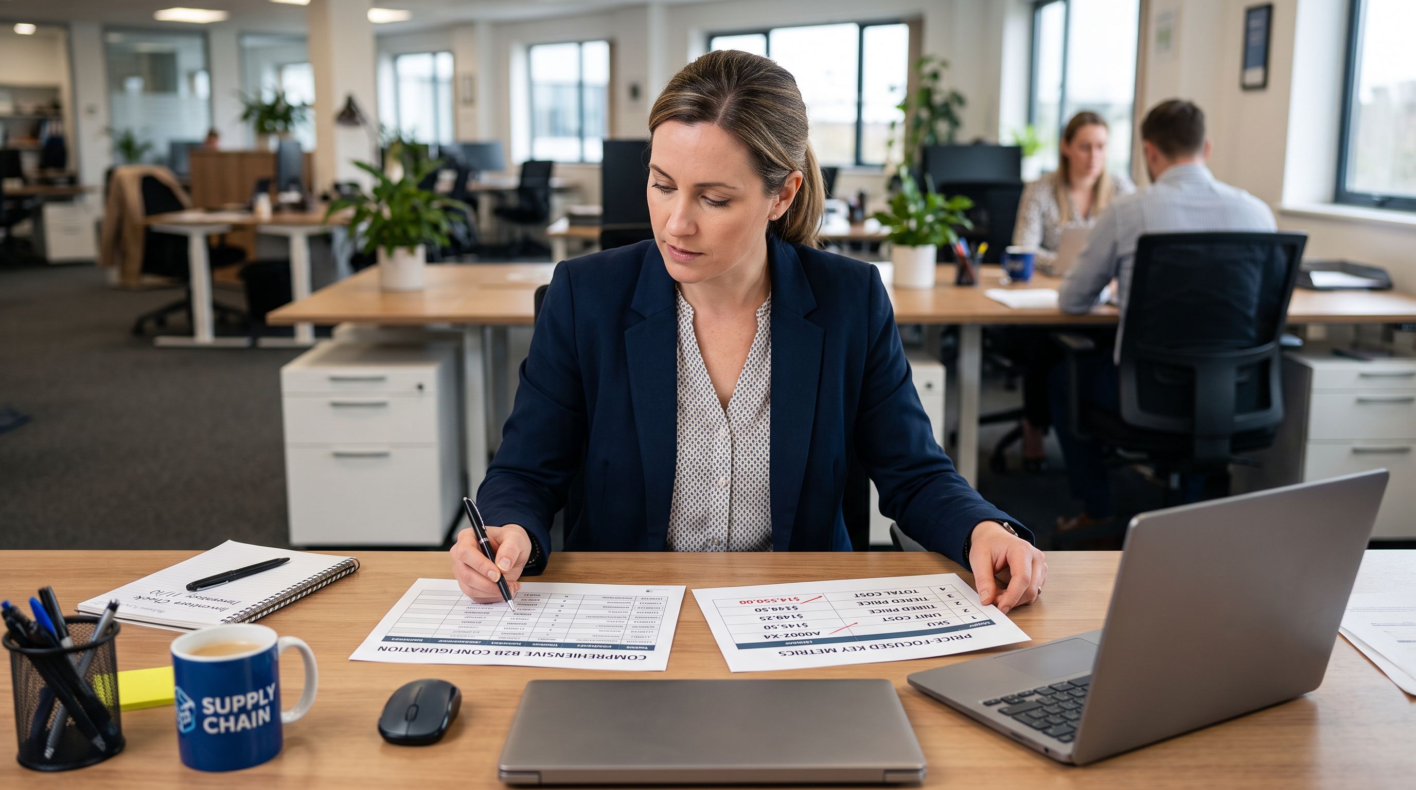 B2B supplier relations manager at a workstation reviewing two printed import profile reference sheets side by side, one labelled as the full product import profile with all columns listed and one labelled as the monthly price update profile showing only the four price-related columns highlighted.