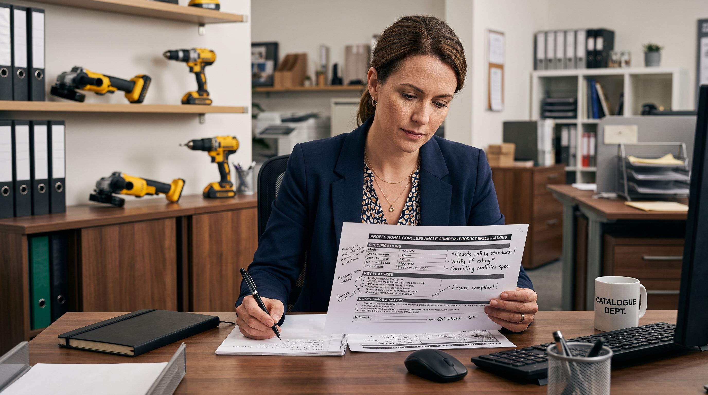 Trade catalogue manager at a workstation reviewing a printed product description for a power tool with a handwritten note in the margin confirming the description references load ratings and professional applications without any price or discount language.