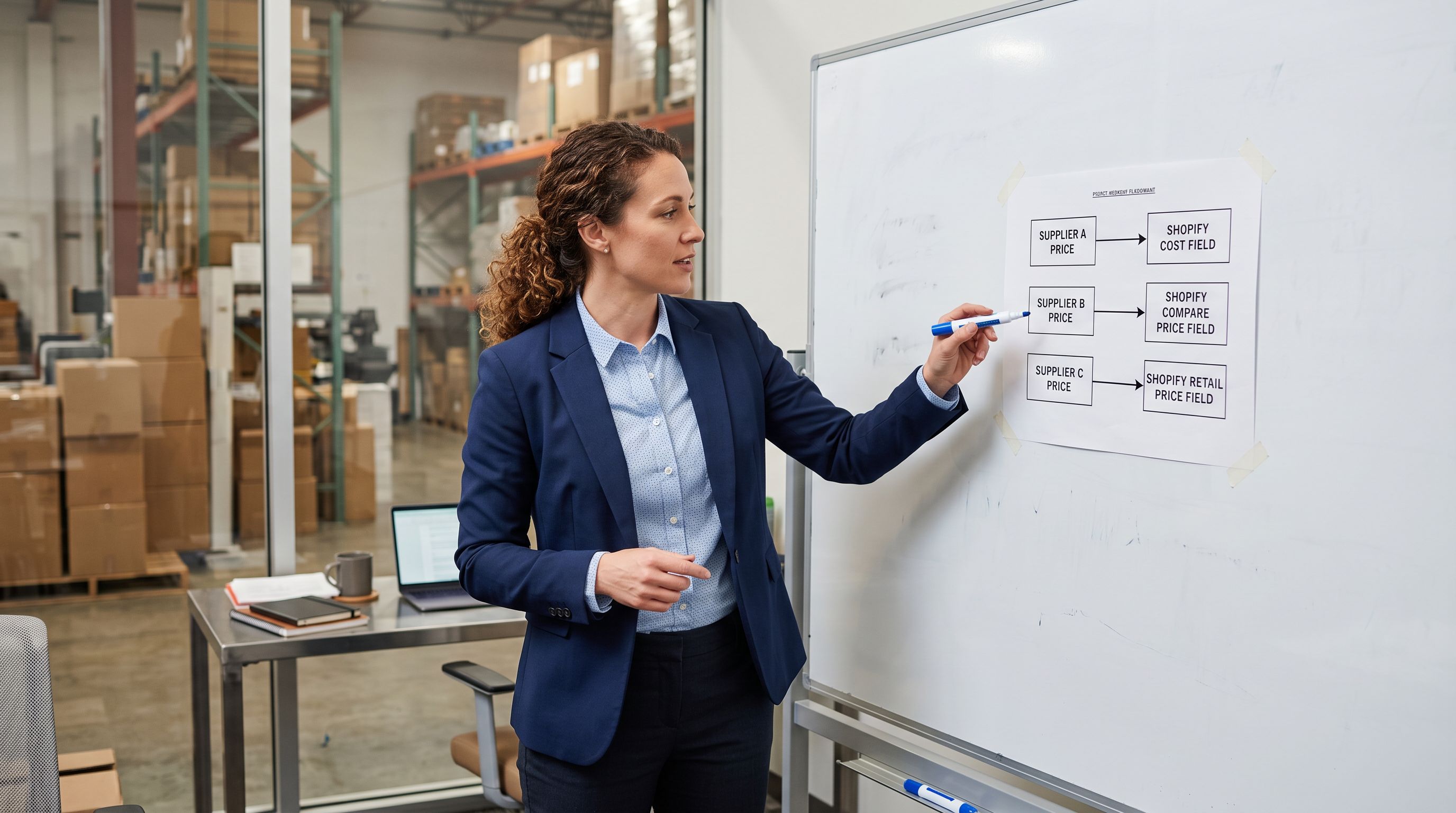 Supply chain operations manager at a whiteboard with a printed diagram showing how a supplier price sheet with multiple columns reduces to three Shopify price fields, with arrows connecting Wholesale Cost to Cost Per Item, RRP to Compare At Price, and a margin-calculated value to Variant Price.