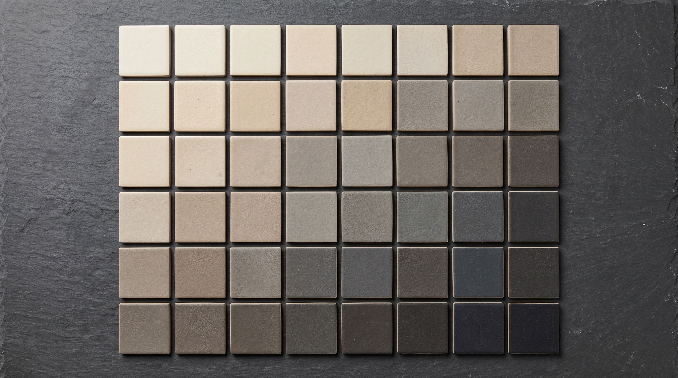 Overhead grid of ceramic tiles organised by tone from cream to charcoal on slate.