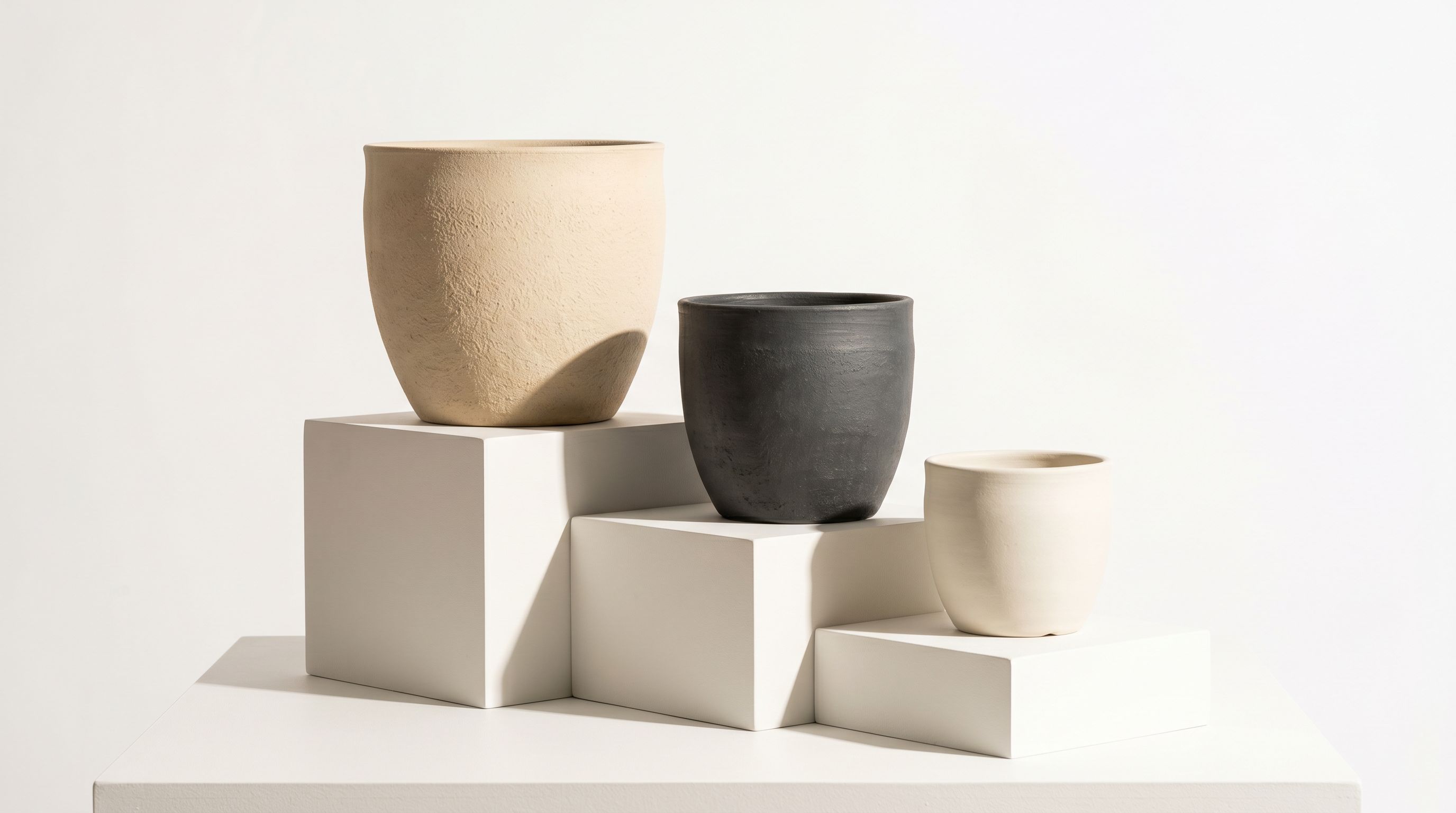 Premium ceramic vessels in graduated sizes displayed on stepped white plinths.