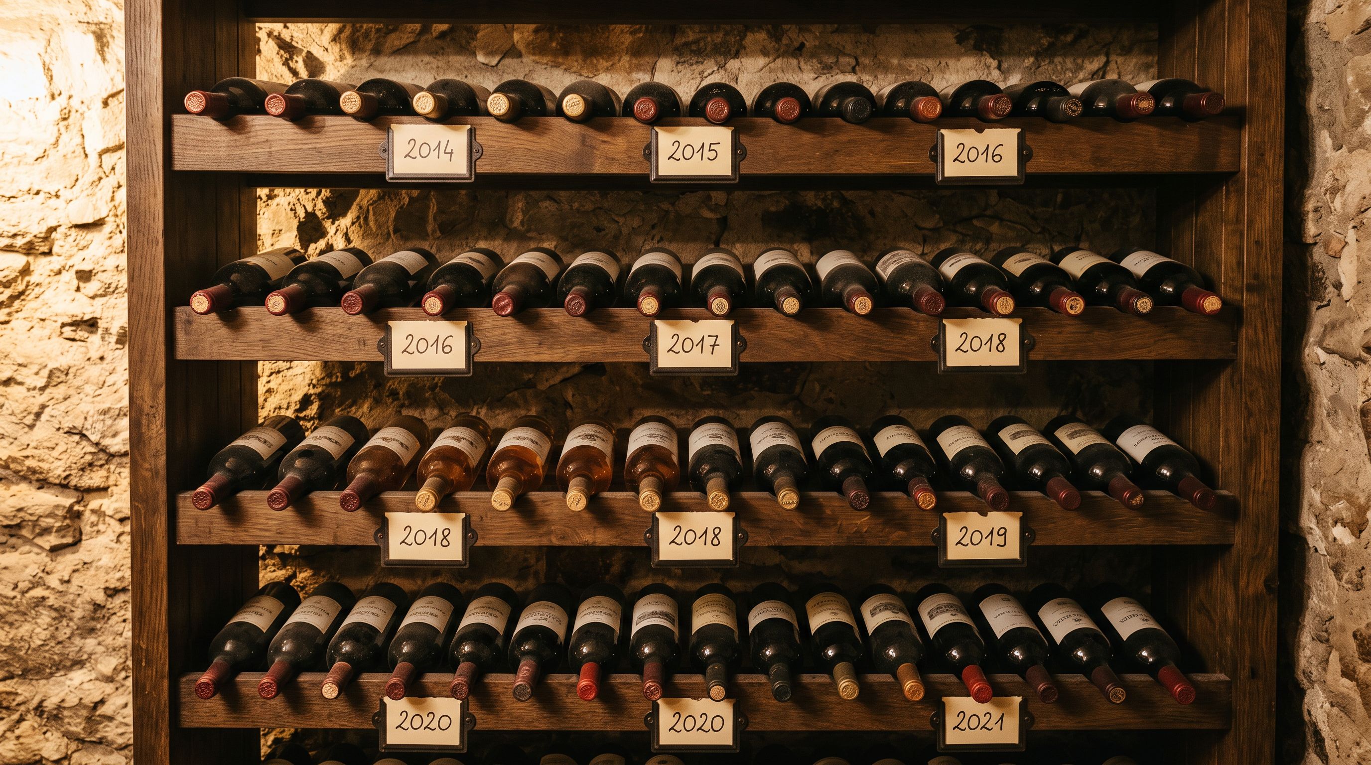 Wine bottles arranged by vintage year label on a cellar rack with handwritten inventory tags.