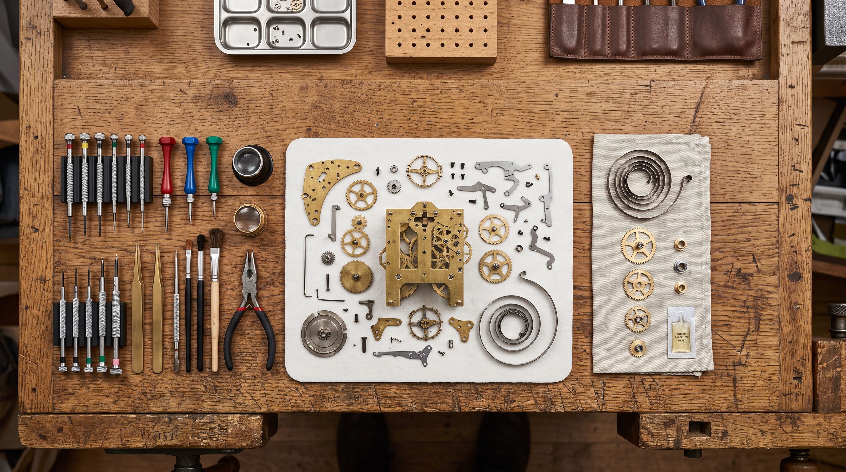 A craftsperson workbench with a disassembled mechanical component and replacement parts laid out in order.
