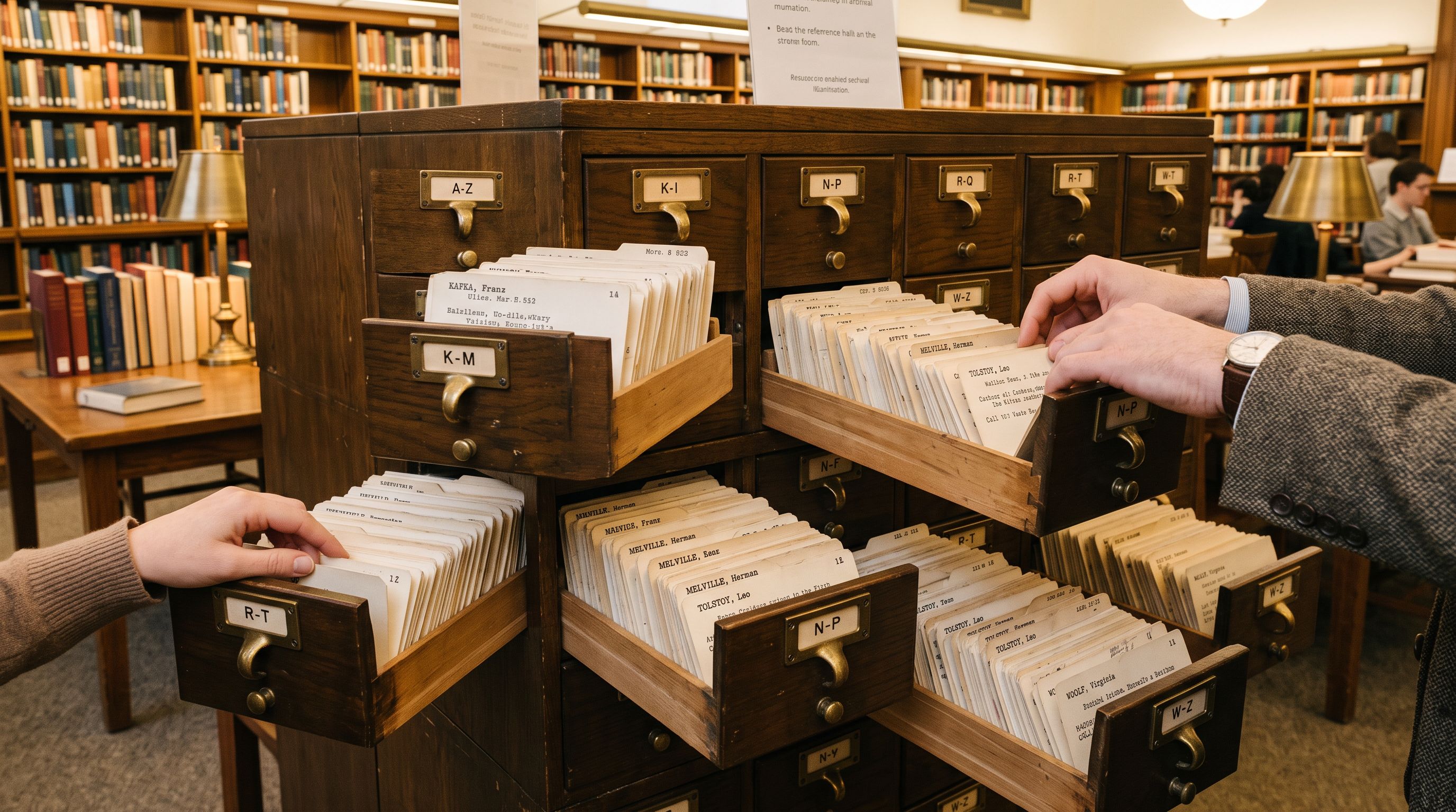 Open wooden library card catalogue drawers with alphabetical index cards fanned out in warm amber light.