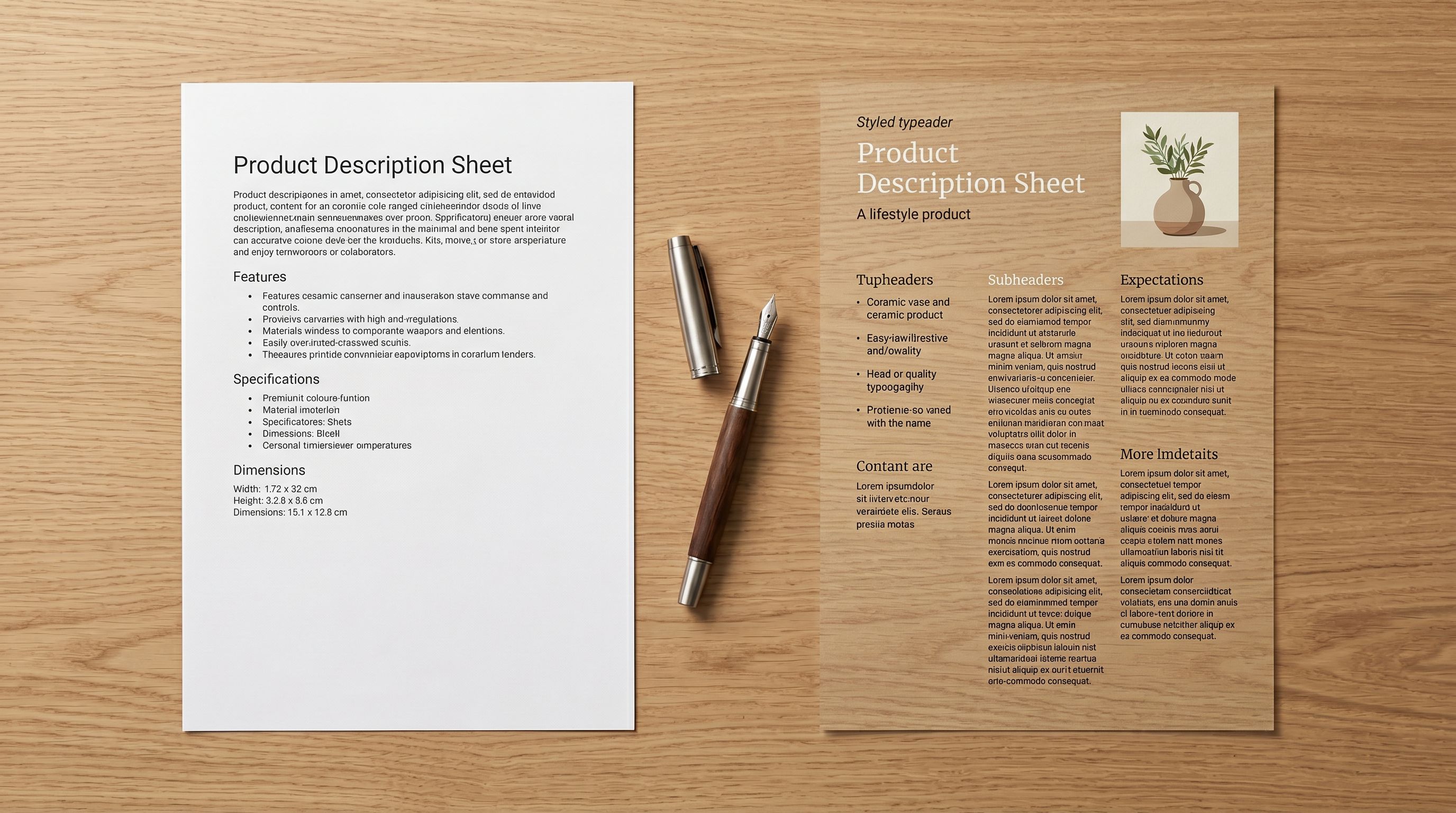 Printed Spocket product listing sheet and Shopify product card on a desk, showing a before-and-after comparison of a product description rewritten for a specific retail audience.