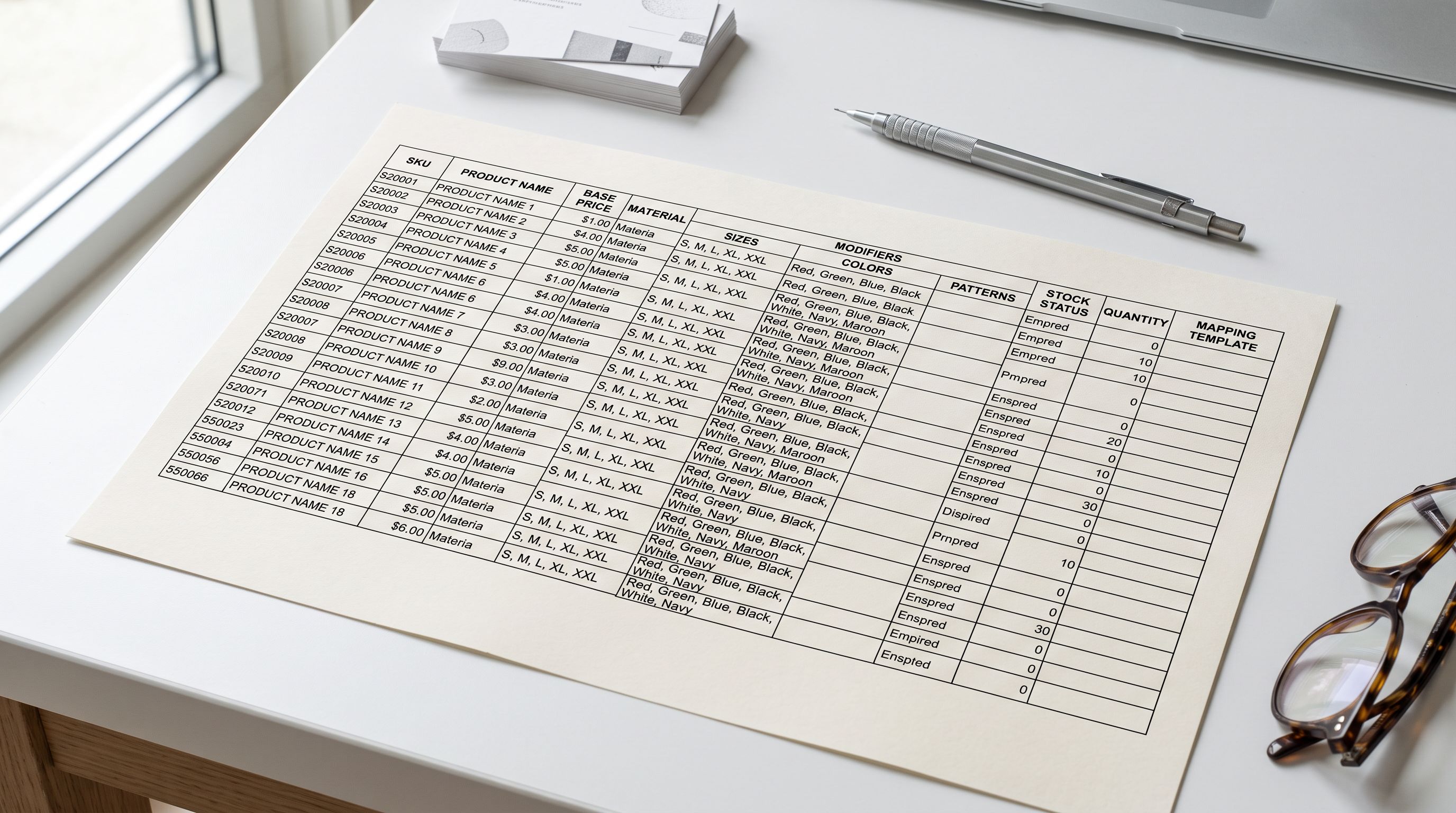Printed CSV spreadsheet on a white desk showing rows of product data with modifier columns containing comma-separated values beside an empty Shopify template column.