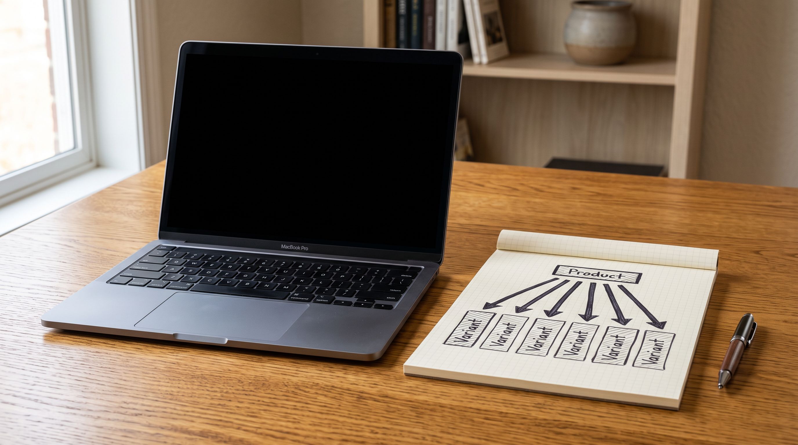 Open laptop on a clean desk beside a notepad showing a drawn diagram of one product row expanding into multiple variant rows with arrows.