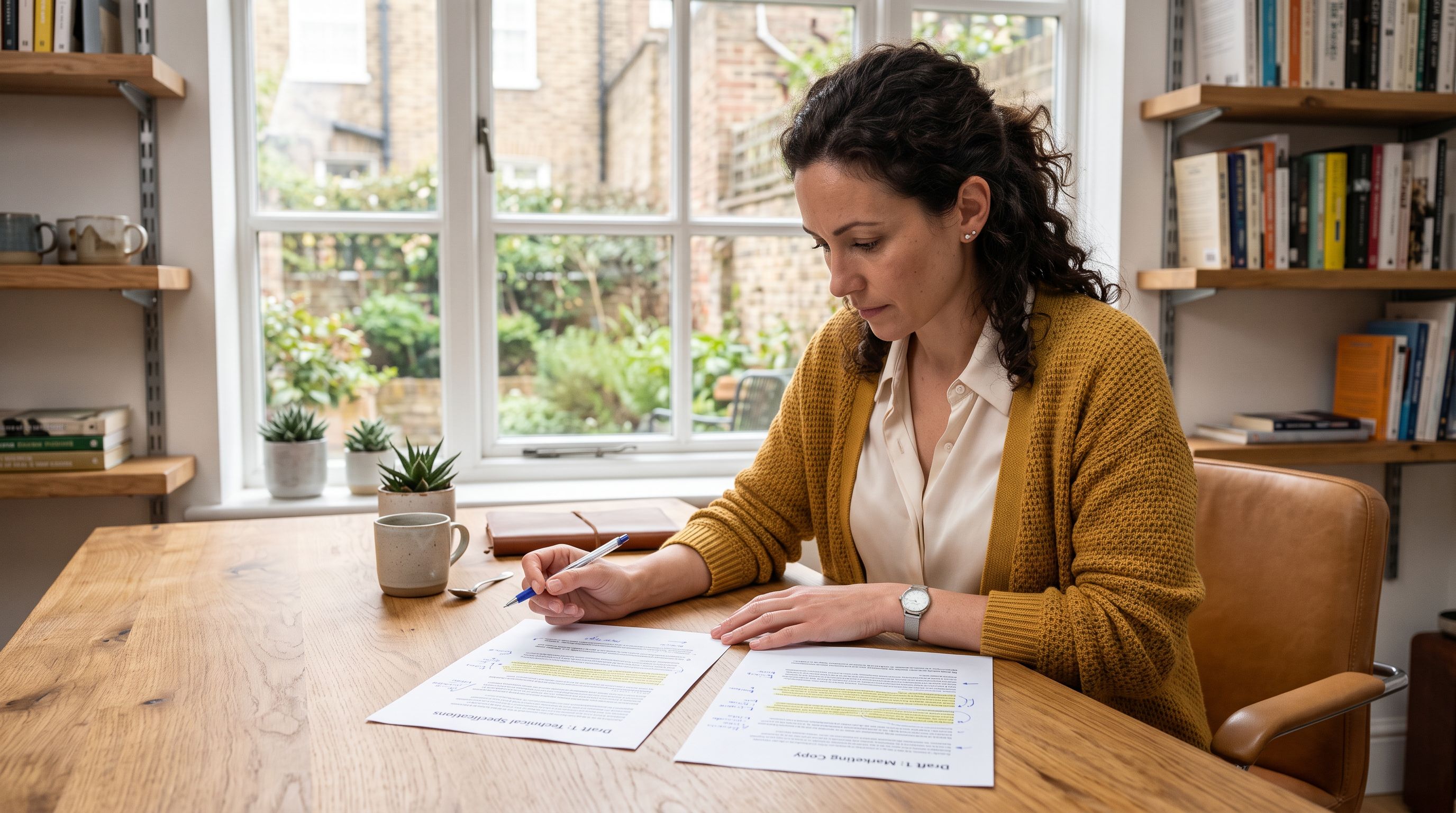 Professional writer at a desk reviewing a printed product description page with a pen making notes in a bright naturally lit workspace.