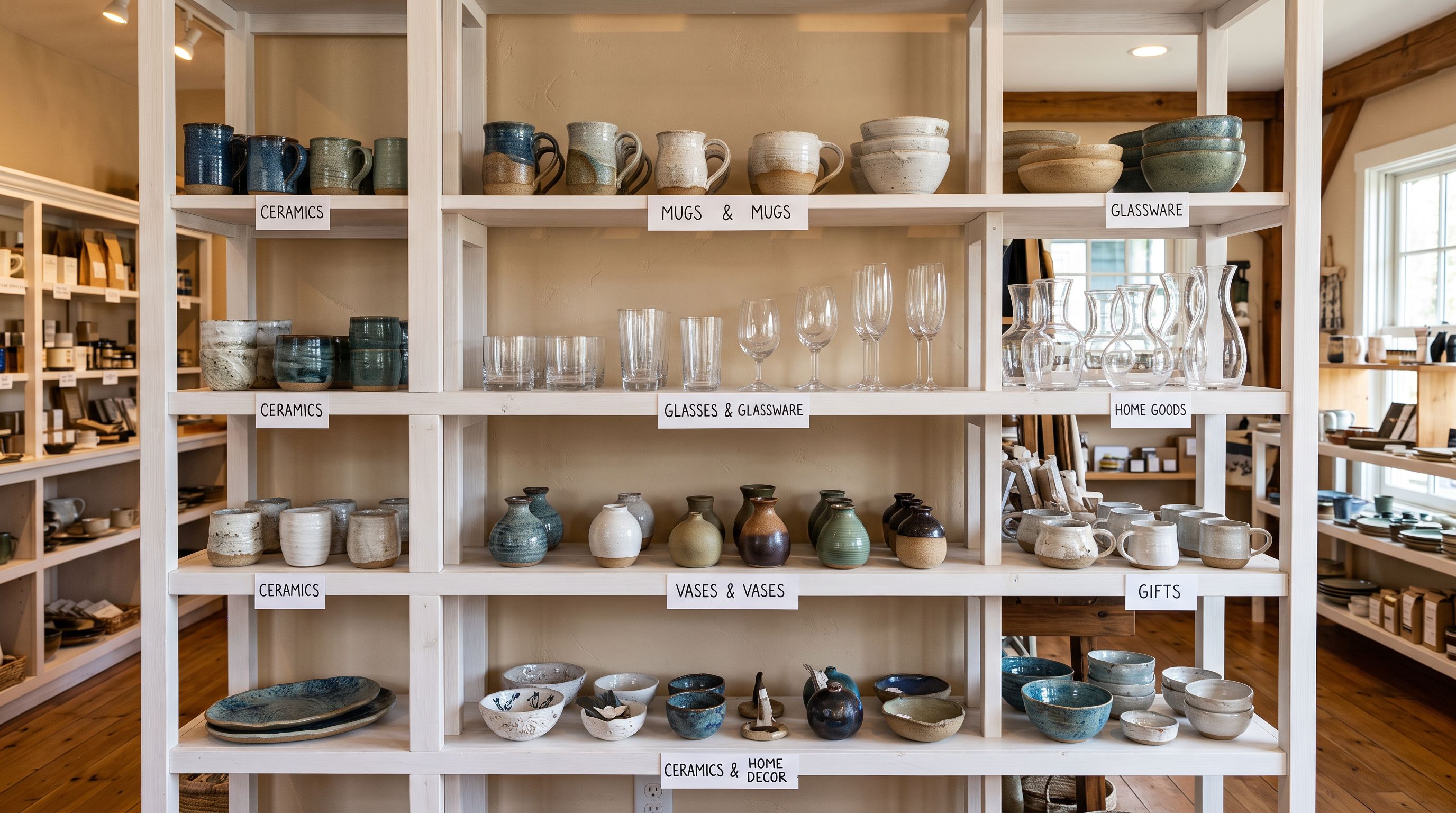 Retail gift shop interior showing neatly organised product shelves with category labels visible on each shelf section under bright store lighting.
