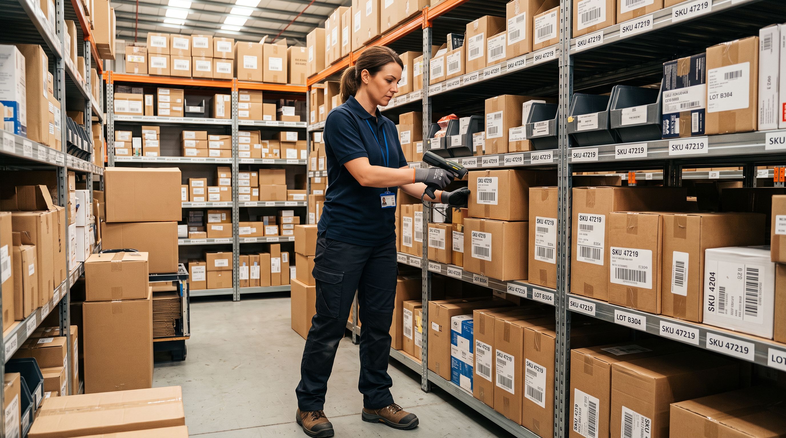 Warehouse inventory manager holding a barcode scanner beside a shelving unit stacked with labelled product boxes under bright industrial lighting.