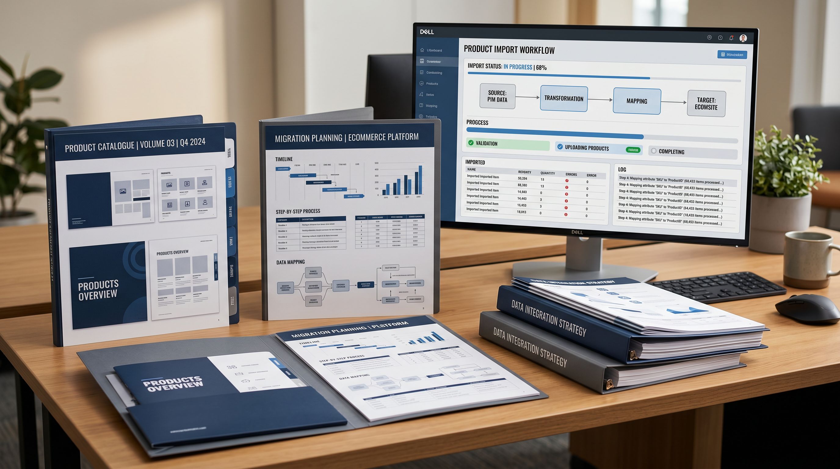 Printed product catalogue folders and migration planning documents arranged on a desk beside a Shopify admin session on a monitor.