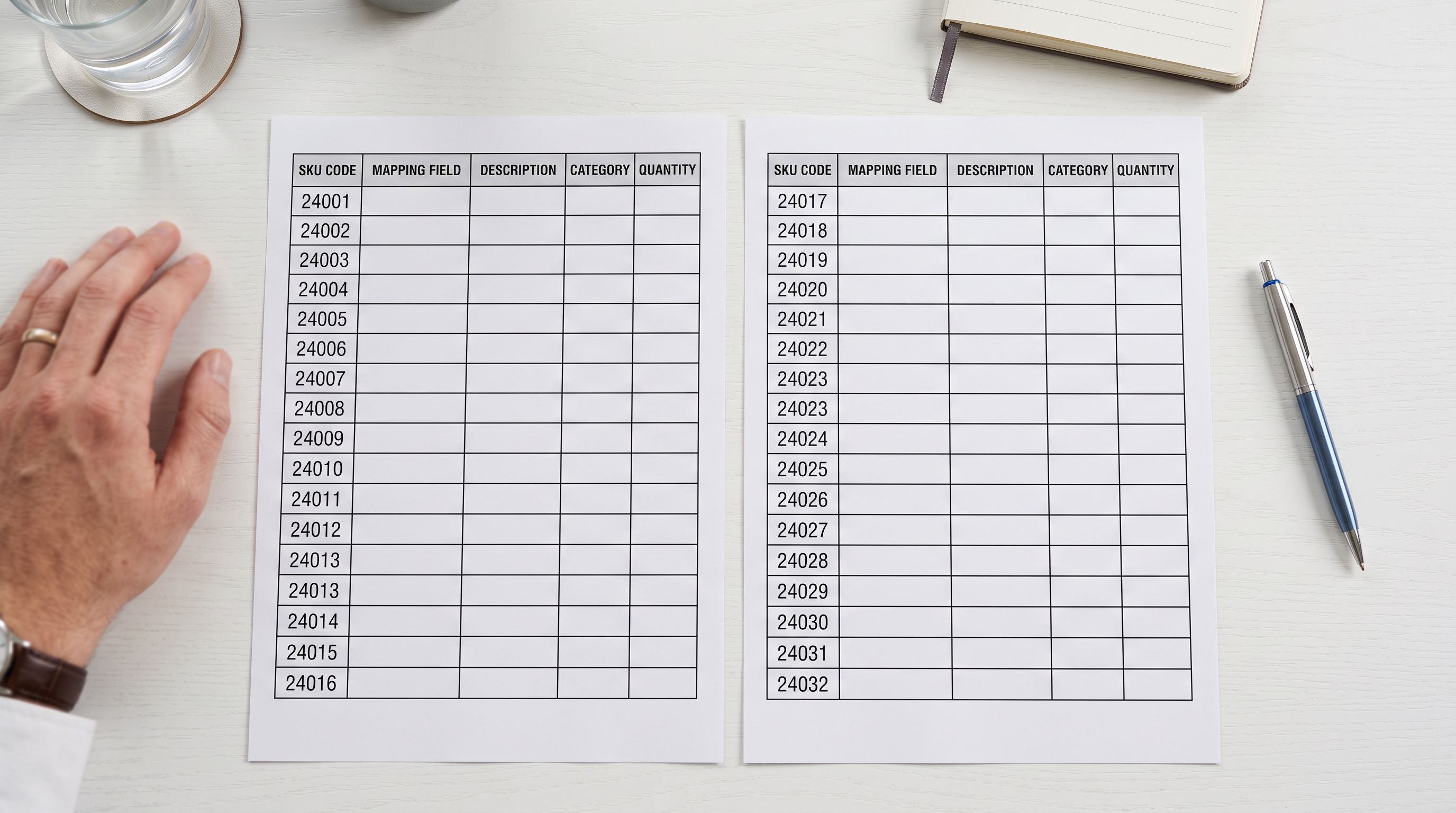 Printed CSV spreadsheet pages showing two columns of product data with numeric category codes and file path image references on a white desk.
