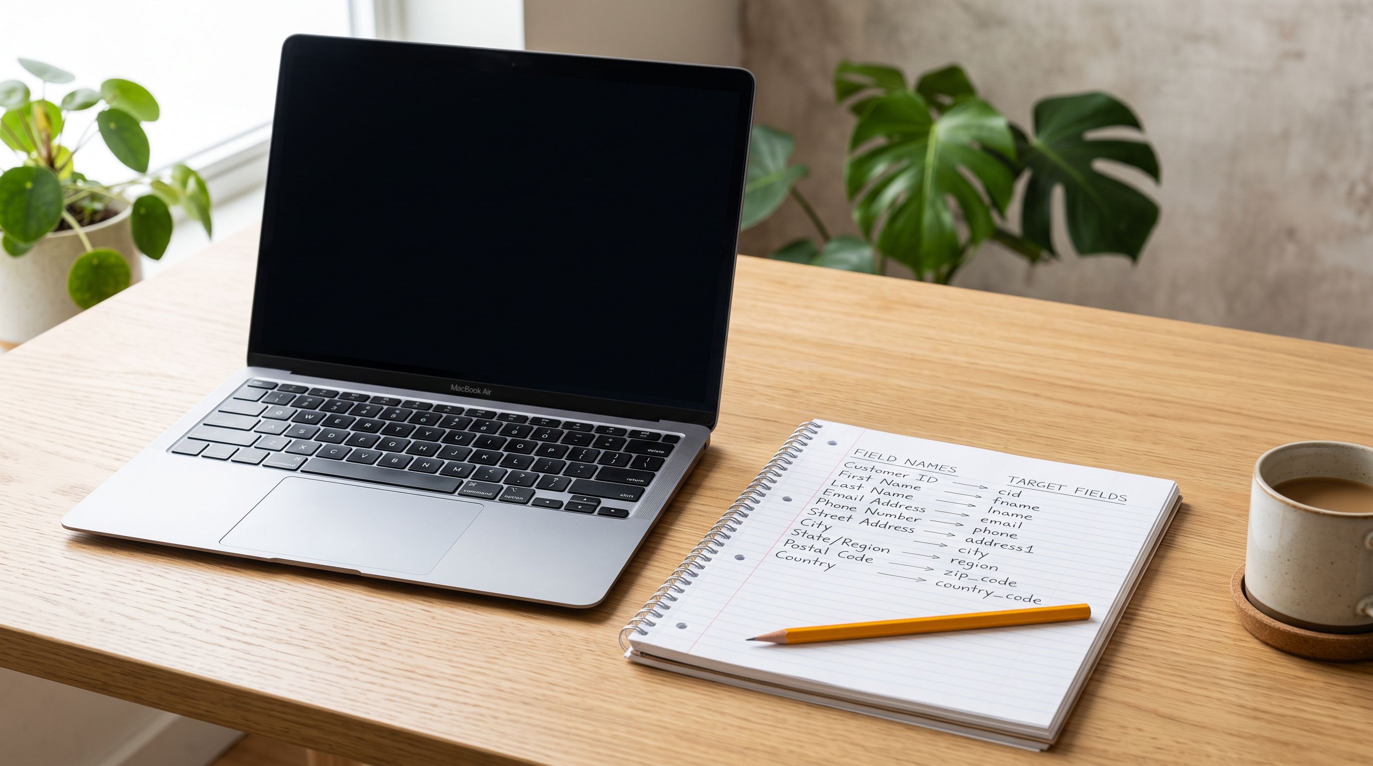 Open laptop displaying a data column mapping interface with source columns on the left and target fields on the right, on a clean white desk.