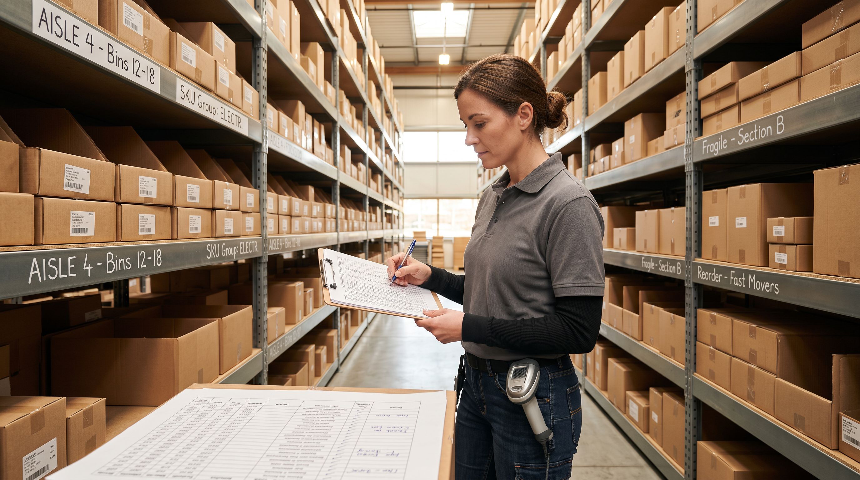 Warehouse worker reviewing a printed product list with handwritten category labels beside stacked inventory boxes under bright warehouse lighting.