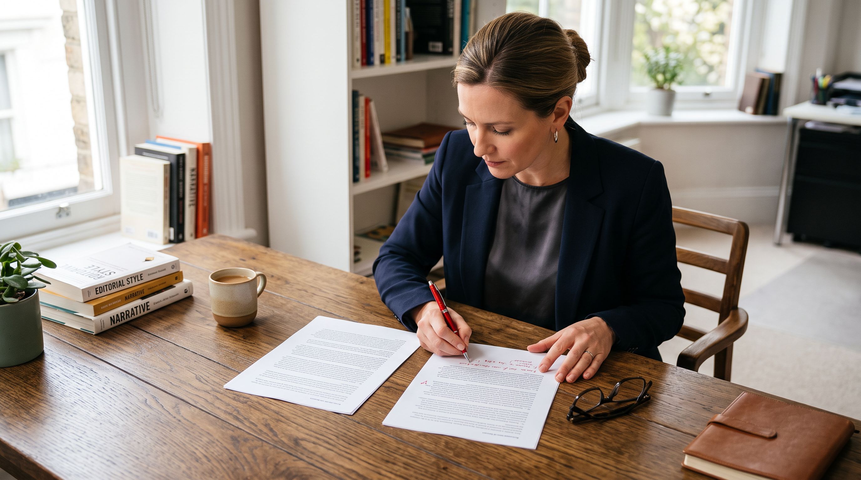 Professional writer at a wooden desk reviewing two printed product description pages side by side in a bright naturally lit home office.