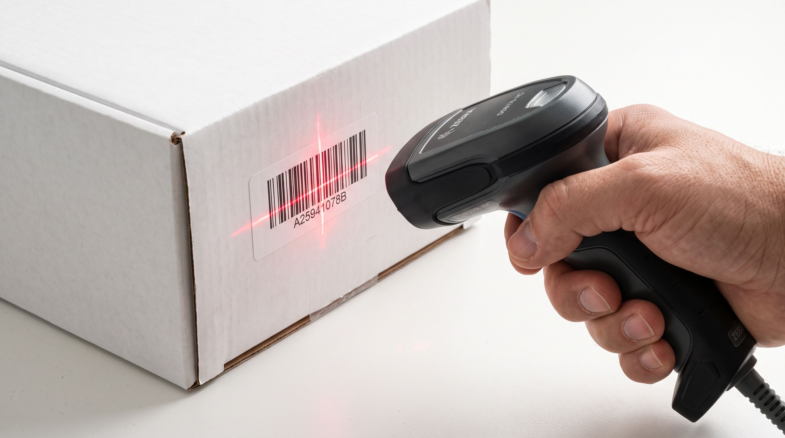 Close-up of a barcode scanner beam reading a product barcode label on white packaging against a clean white studio background.