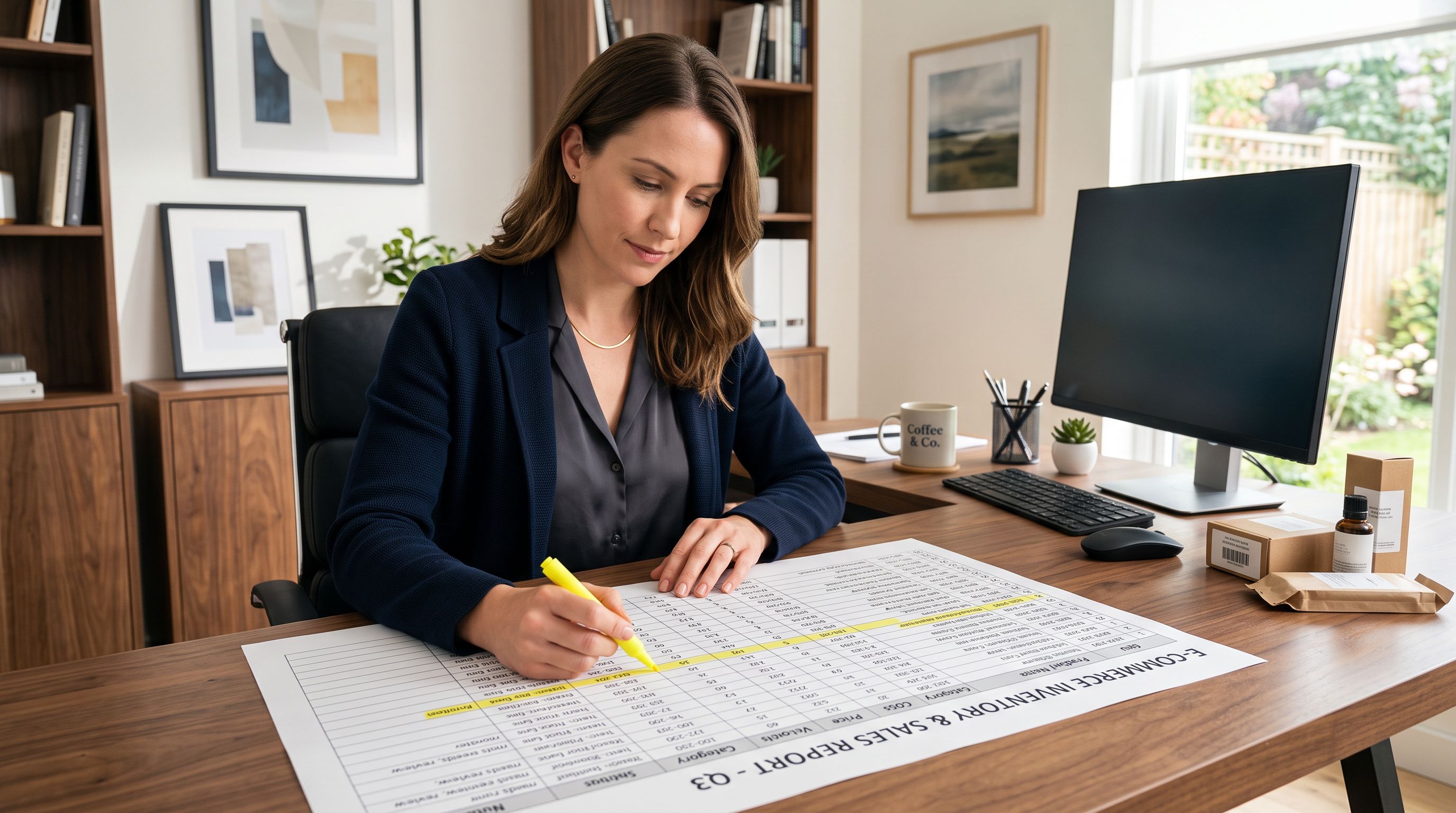 E-commerce merchant at a home office desk reviewing a large printed product data spreadsheet, highlighting rows with a yellow marker.